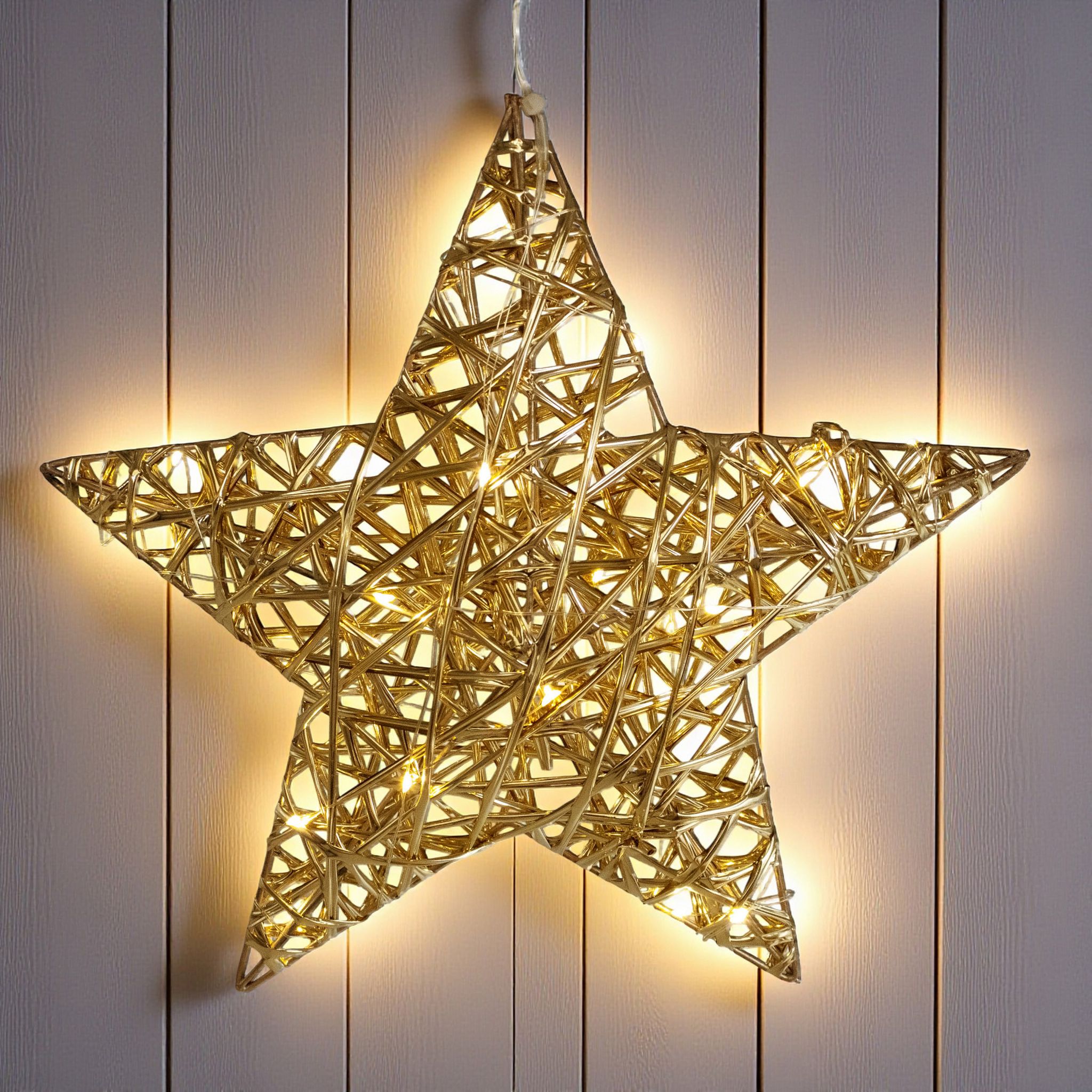 Leuchtstern 30 Cm Mit Goldband Umwickelt Warm Weiß Mit Timer - 20 Led - Weihnachts Deko Leuchte Zum Hängen Batterie Betrieben