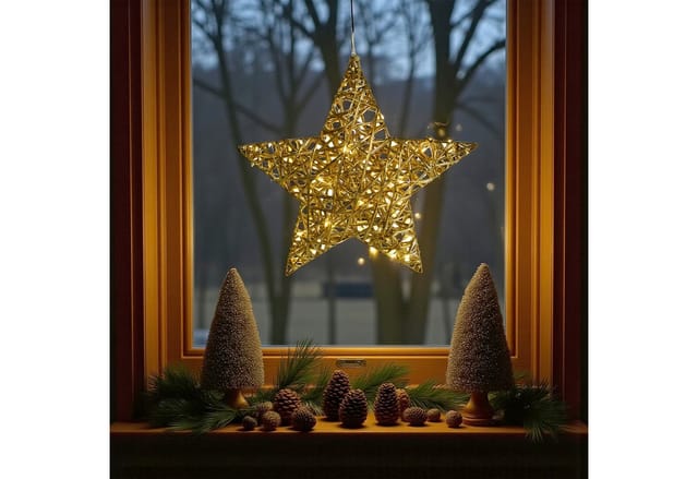 Leuchtstern 30 Cm Mit Goldband Umwickelt Warm Weiß Mit Timer - 20 Led - Weihnachts Deko Leuchte Zum Hängen Batterie Betrieben