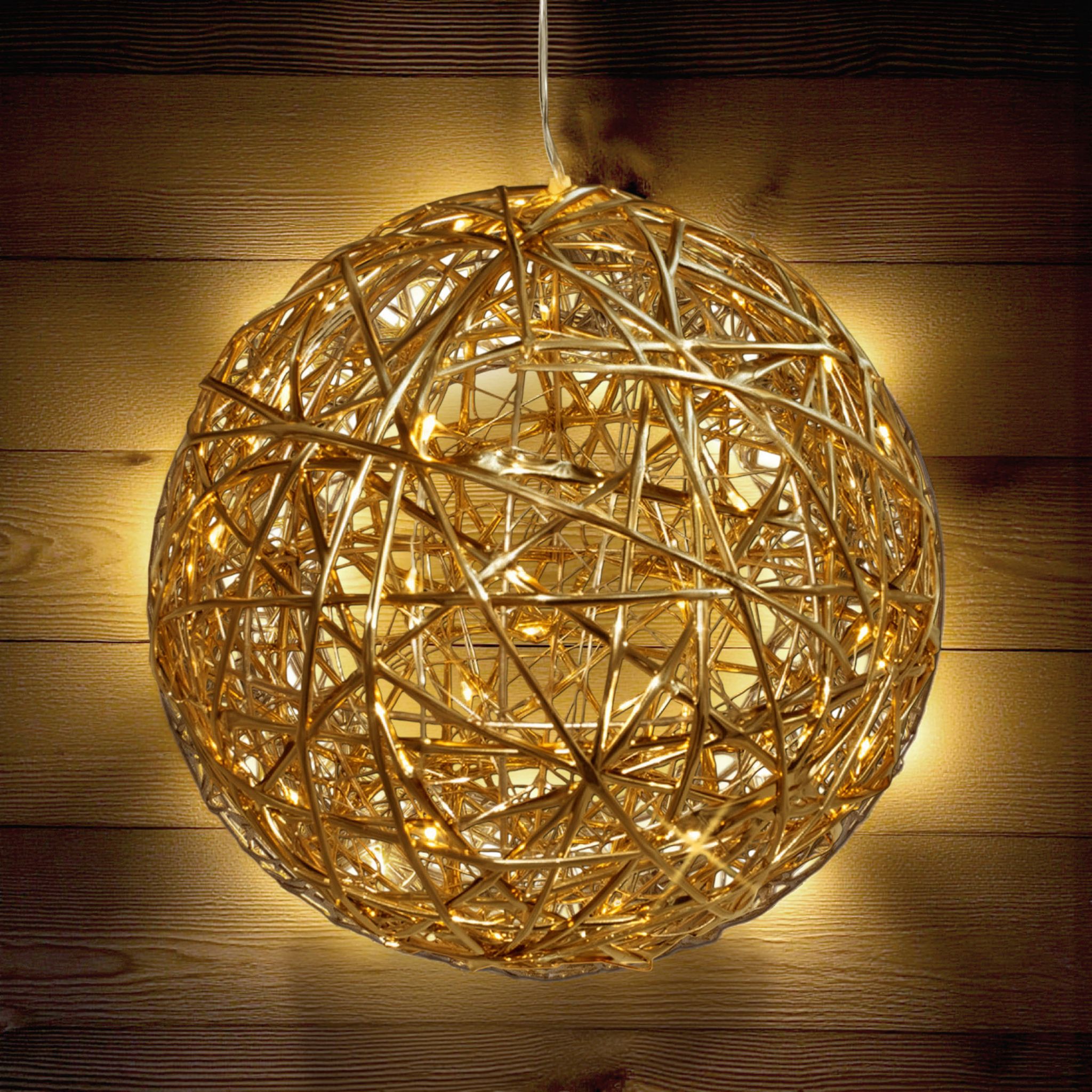 Leuchtkugel 20 Cm Mit Goldband Umwickelt Warm Weiß Mit Timer - 30 Led - Weihnachts Deko Leuchte Zum Hängen Batterie Betrieben