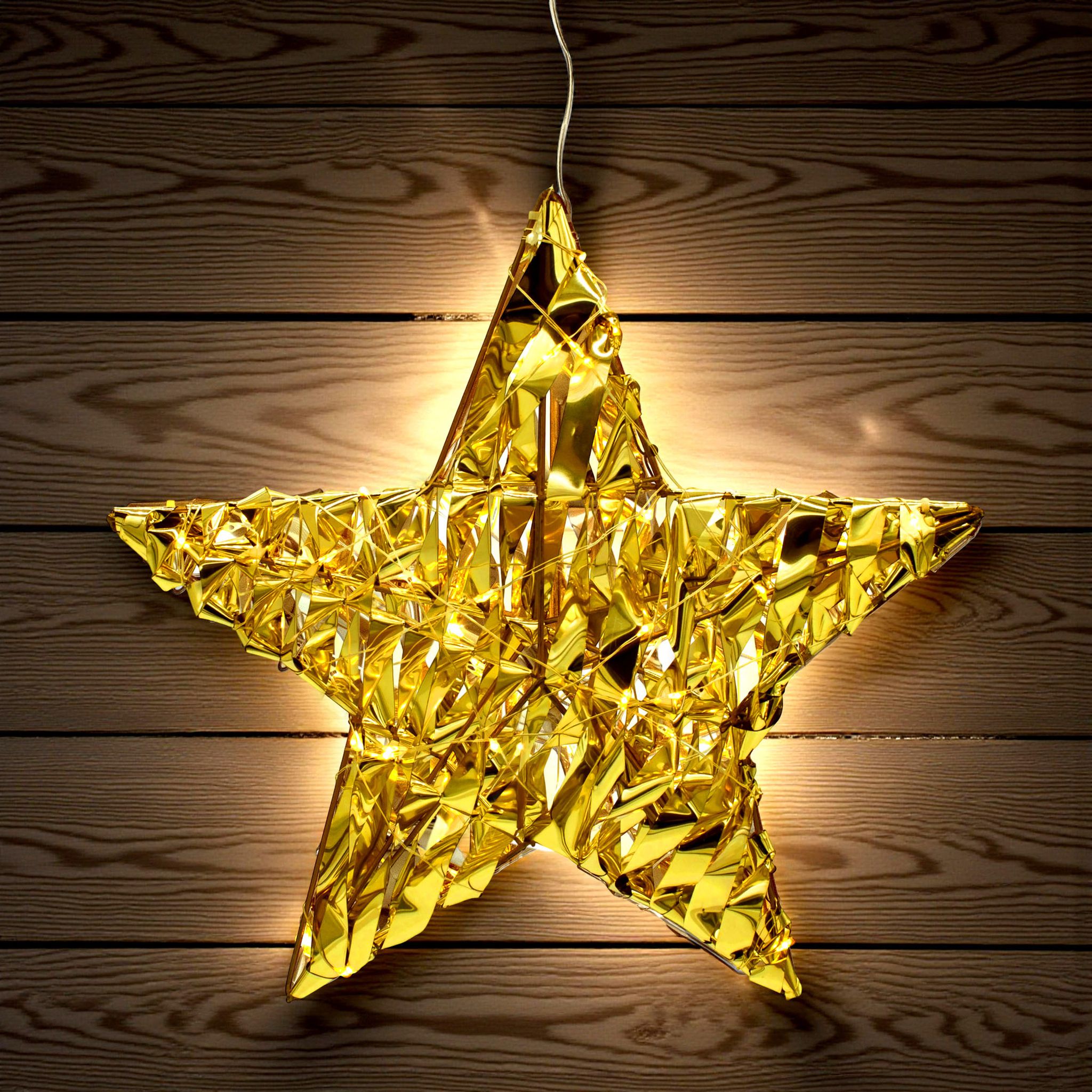 Leuchtstern 30 Cm Mit Goldband Geflochten Warm Weiß Mit Timer - 40 Led - Weihnachtsstern Deko Leuchte Zum Hängen Batterie Betrieben