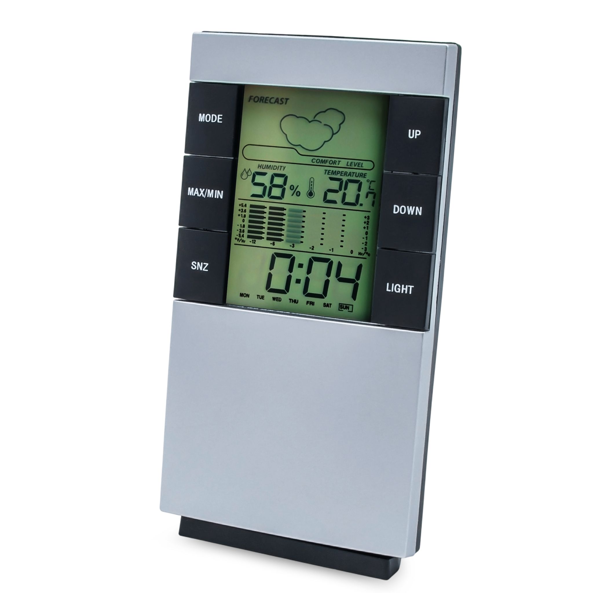 Digitale Wetterstation 5in1 Silber Für Innenräume Zum Hängen Oder Aufstellen - 14 X 8 Cm - Hygrometer Mit Uhr Wecker Und Wettervorhersage Batteriebetrieben