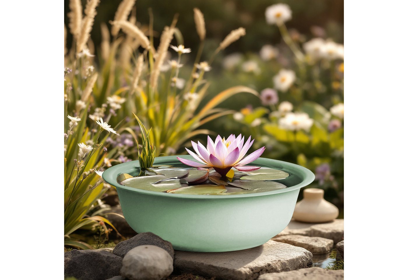 Mini Gartenteich Rund Matt Grün - 52 Cm - Garten Deko Metall Blumenschale Groß - Zierteich Miniteich Balkonteich Teichwanne