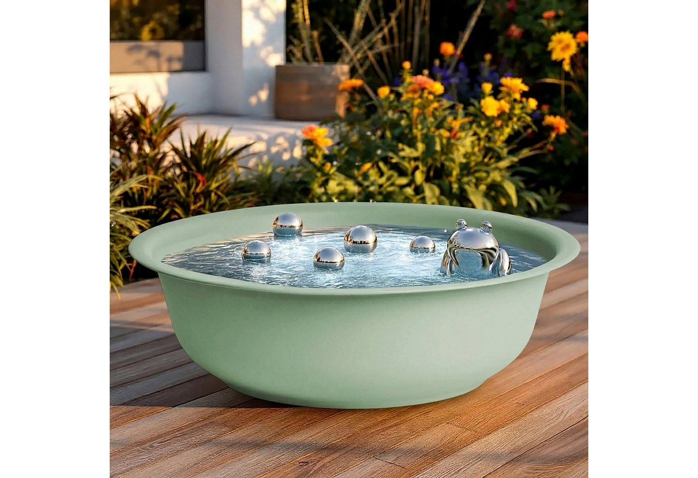 Mini Gartenteich Rund Matt Grün - 52 Cm - Garten Deko Metall Blumenschale Groß - Zierteich Miniteich Balkonteich Teichwanne Bild 3