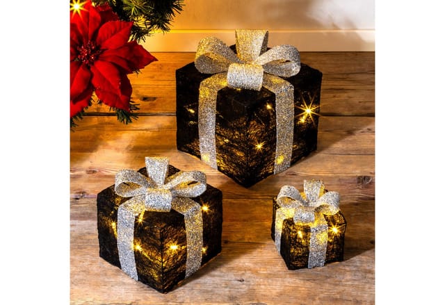 Led Geschenkboxen Mit Timer 3er Set - Schwarz - Weihnachts Deko Boxen Warm Weiß Beleuchtet - Weihnachten Advent Winter Christbaum Deko Beleuchtung Batterie Betrieben