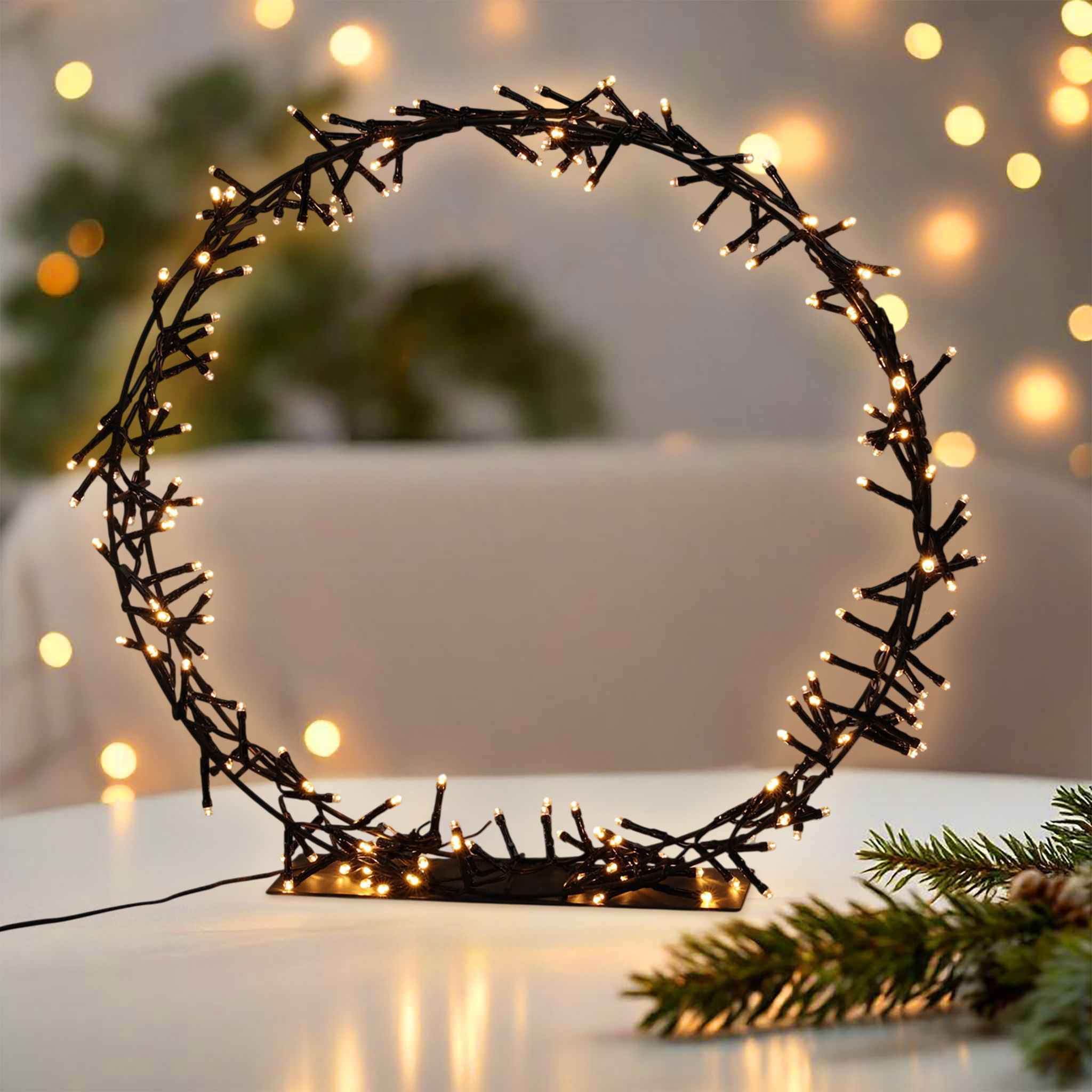 Led Ring Schwarz Mit Standfuß - 38 Cm - Metallkranz Warm Weiß Beleuchtet Mit Timer - Clusterring Lichterkette Advent Weihnachten Dekoration Für Innen Und Außen