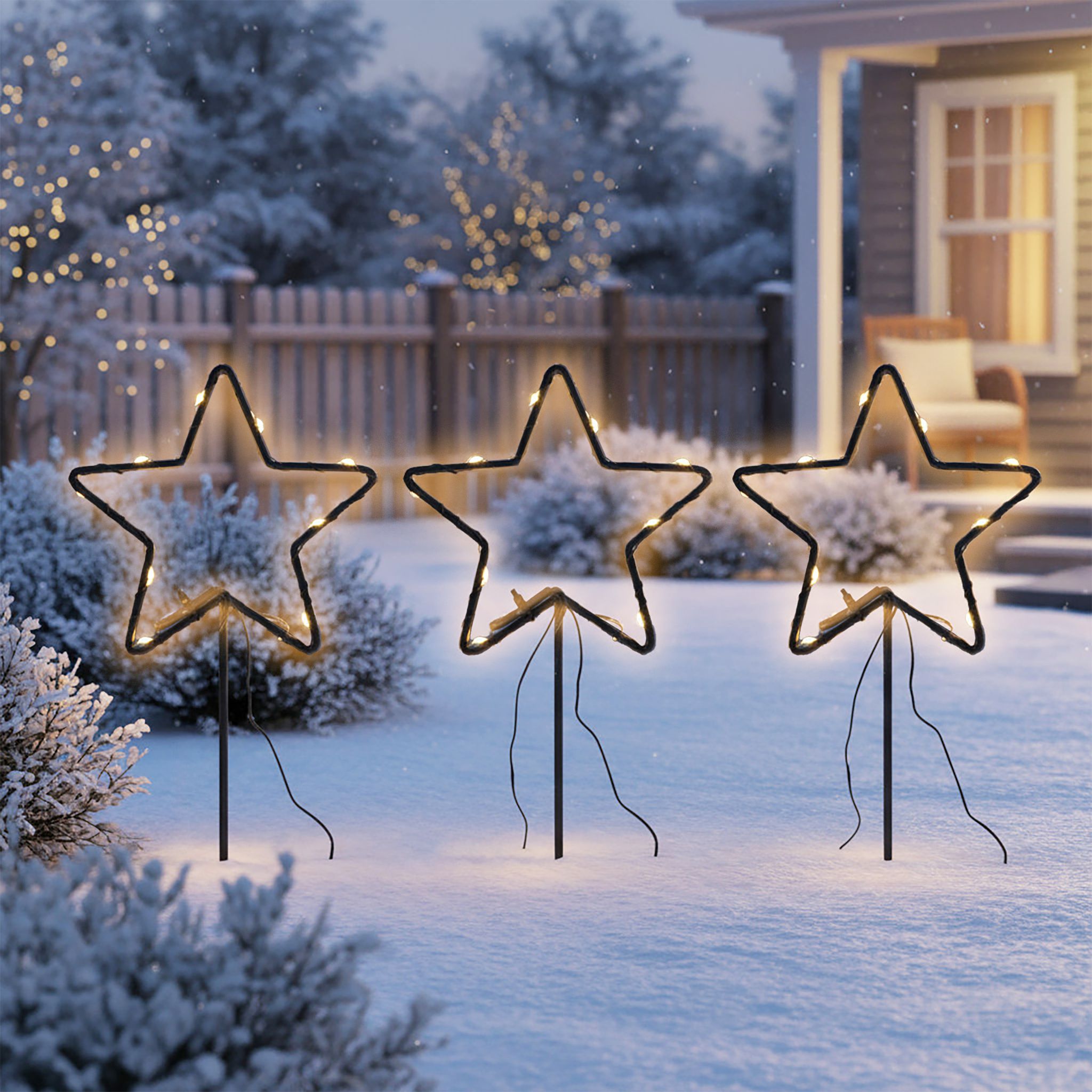 Metall Leuchtstern Gartenstecker 3er Set Schwarz 30 Led Mit Timer - 21 Cm - Weihnachts Beetstecker Soft Gold Beleuchtet Mit Erdspieß Batteriebetrieben
