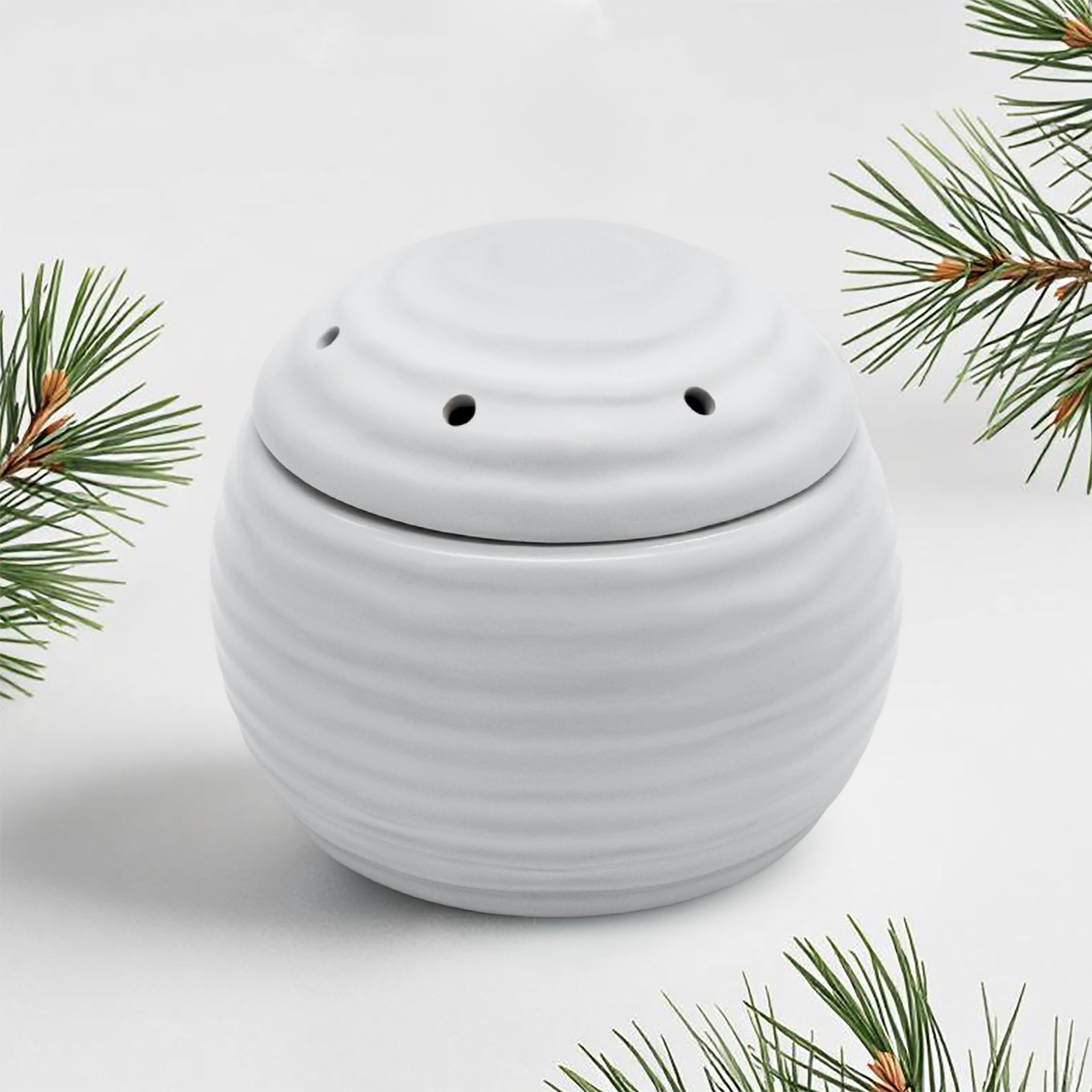 Elektrische Duftlampe Weiß Für Weihnachtsduft Granulat - 10 Cm - Keramik Aromadiffusor Mit 3 Beuteln Duftgranulat Wintertanne Pnienzapfen Zimt