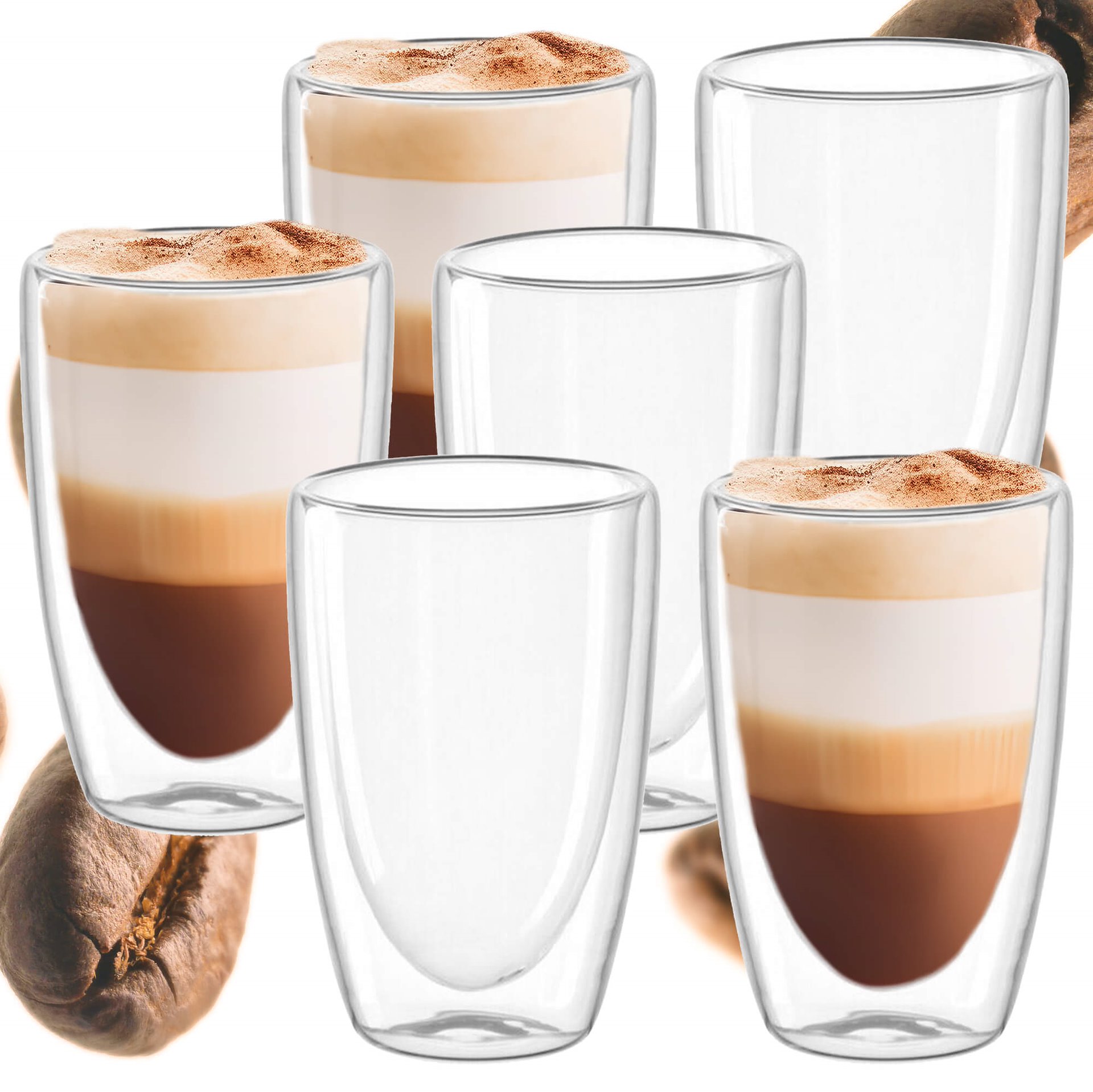 6x Thermoglas Für Kaffee Latte Tee Mit Doppelboden 480ml Geschenk