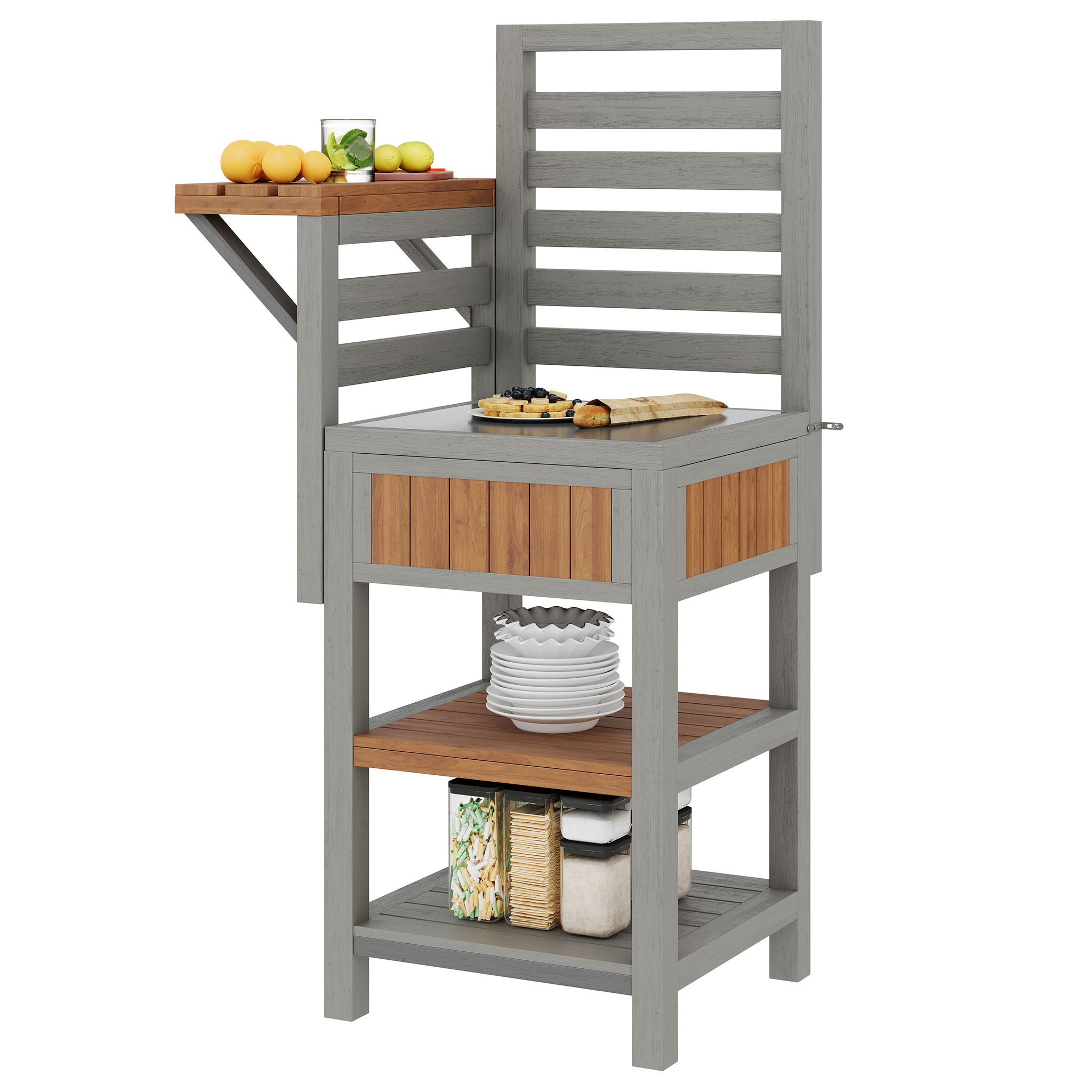Gartenschrank Mit Edelstahl-arbeitsplatte Und Doppeltem Ablageboden Aus Massivholz Natur 74 × 54 × 149 Cm