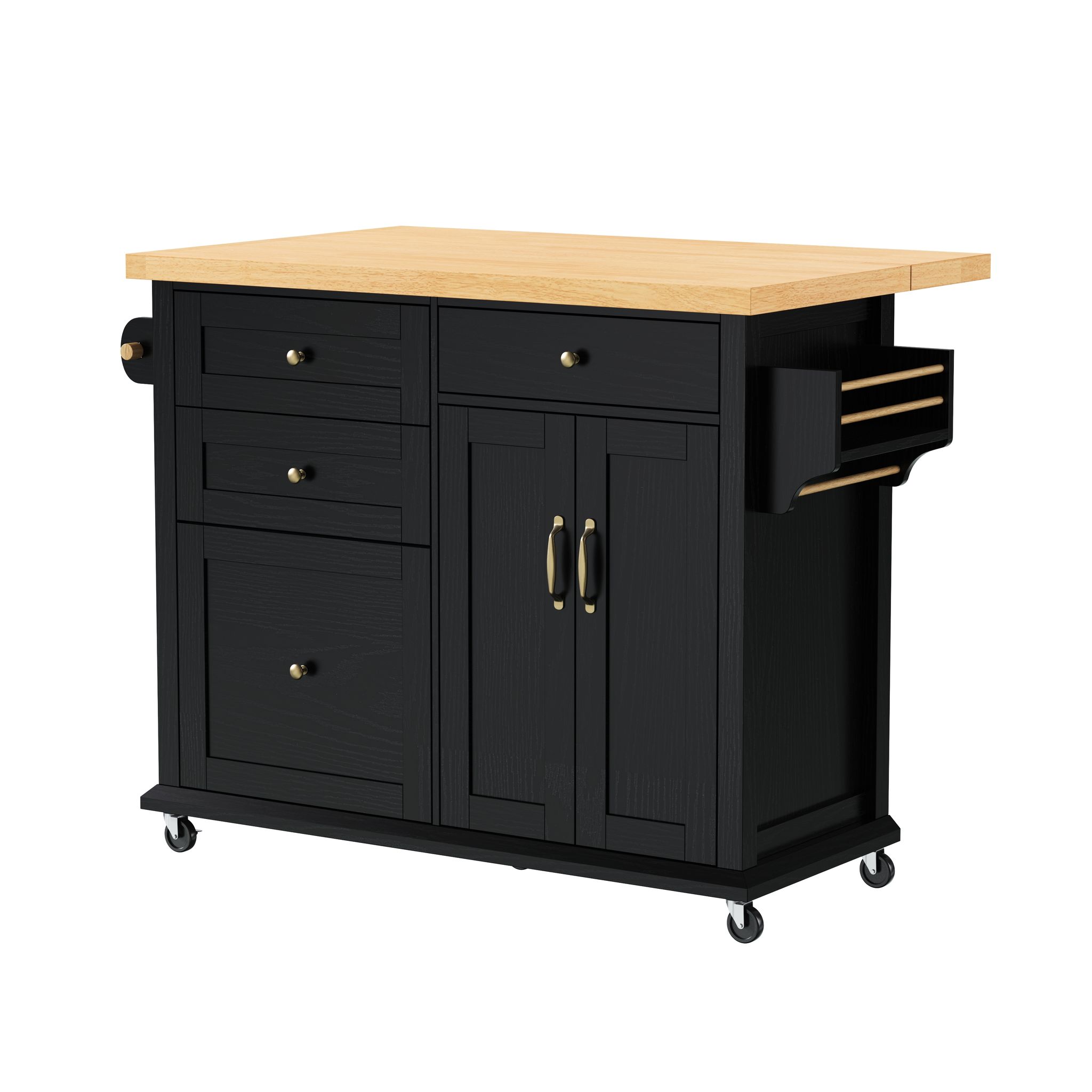 Küchenwagen Mit 2 Türen, Schubladen, Ausziehbarer Arbeitsplatte, Handtuchhalter Und Rollen Aus Mdf 107 X 45-70 X 90.5 Cm Schwarz Natur