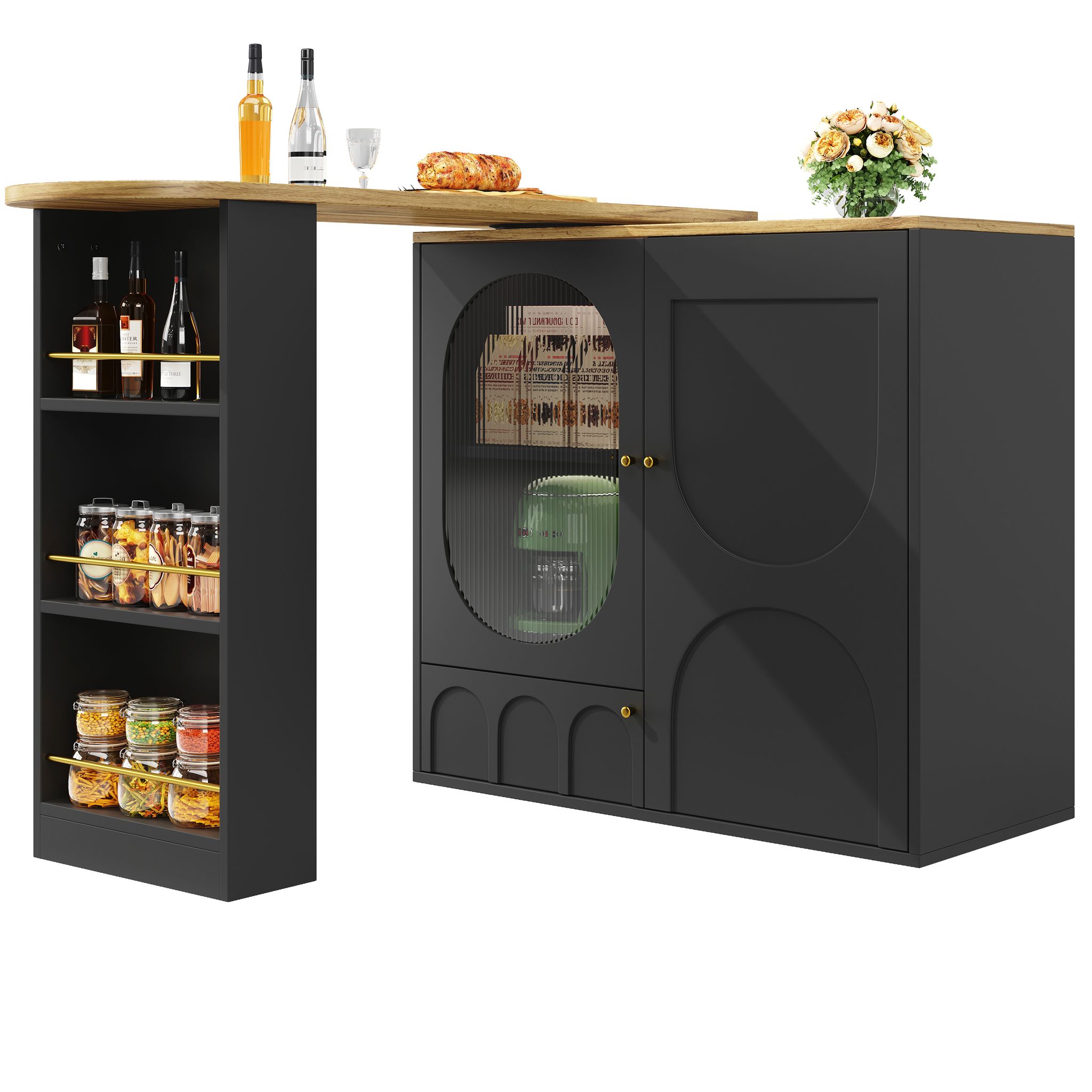 Küchenwagen Mit 3 Türen Und 360° Drehbarer Tischplatte, Handtuchhalter Und Gewürzregal, Aus Mdf Und Metall, Schwarz, 138x39x105 Cm