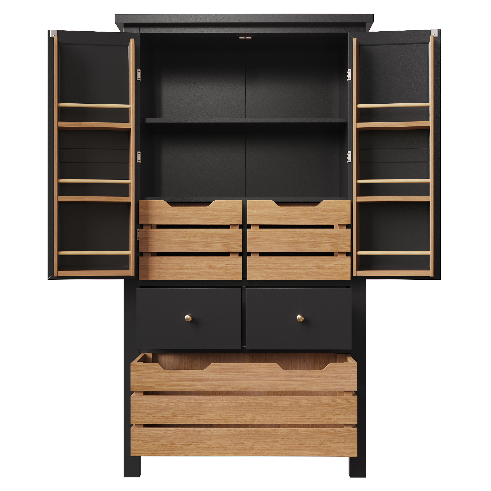 Küchenschrank Mit 2 Türen, 5 Schubladen Und 2 Festen Böden, Mit Kippschutz, Aus Mdf Und Metall, 80x40x140 Cm, Schwarz