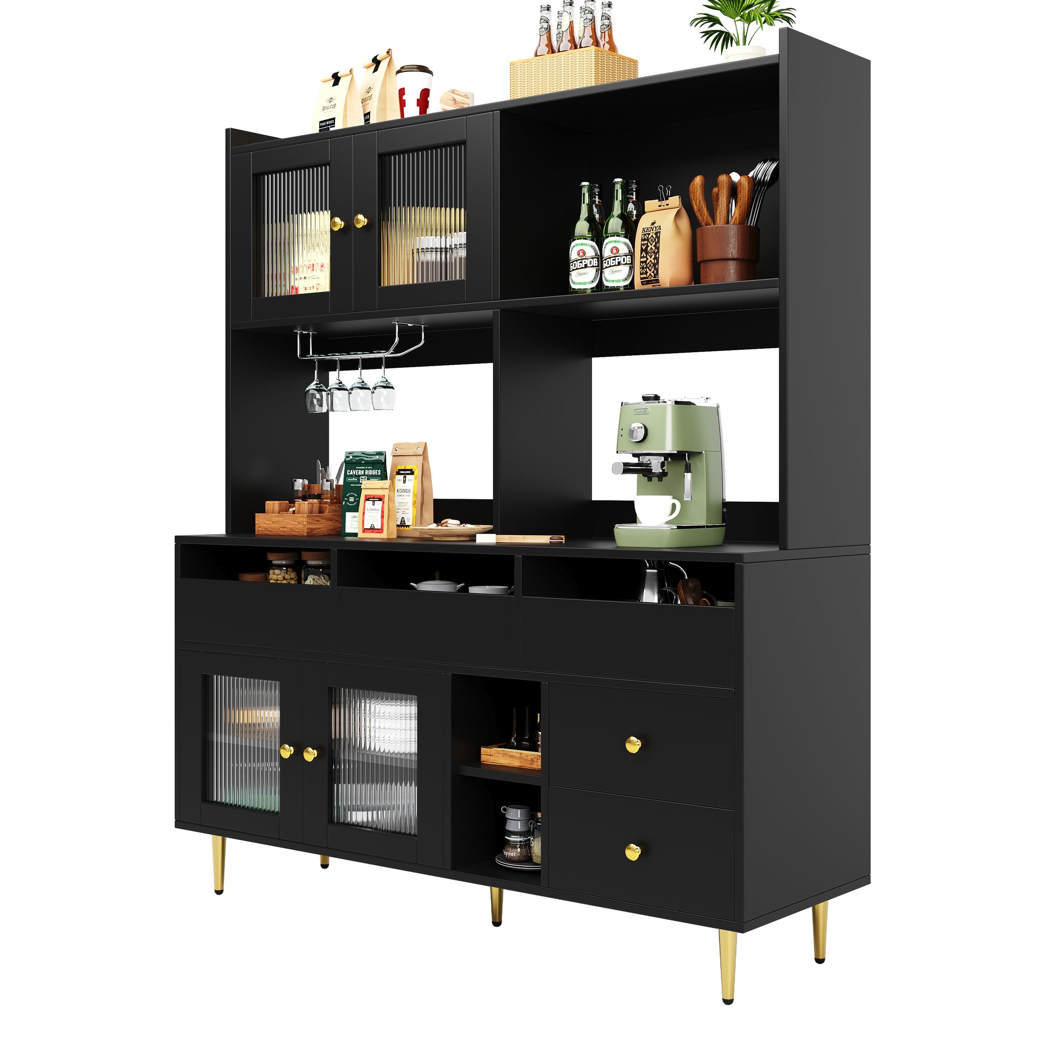 Küchen Hochschrank Mit Schubladen, Offenen Fächern Und Weinregal, Türen Aus Strukturglas, Aus Mdf, 145 X 39 X 171 Cm, Schwarz