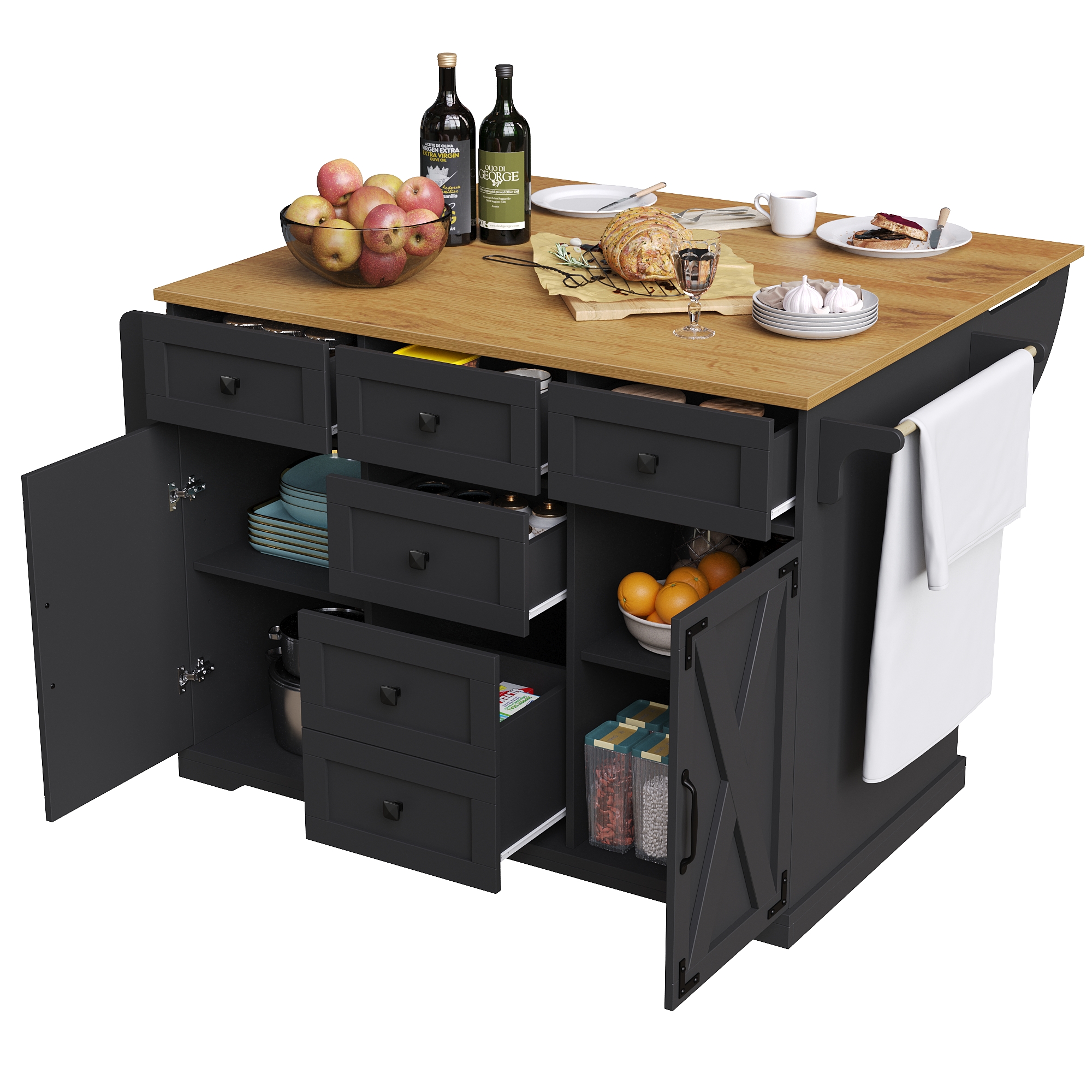Küchenwagen Klappbar Mit Ausziehbarer Tischplatte Und Stauraum, Aus Mdf Und Metall, Für Küche Oder Esszimmer, Schwarz
