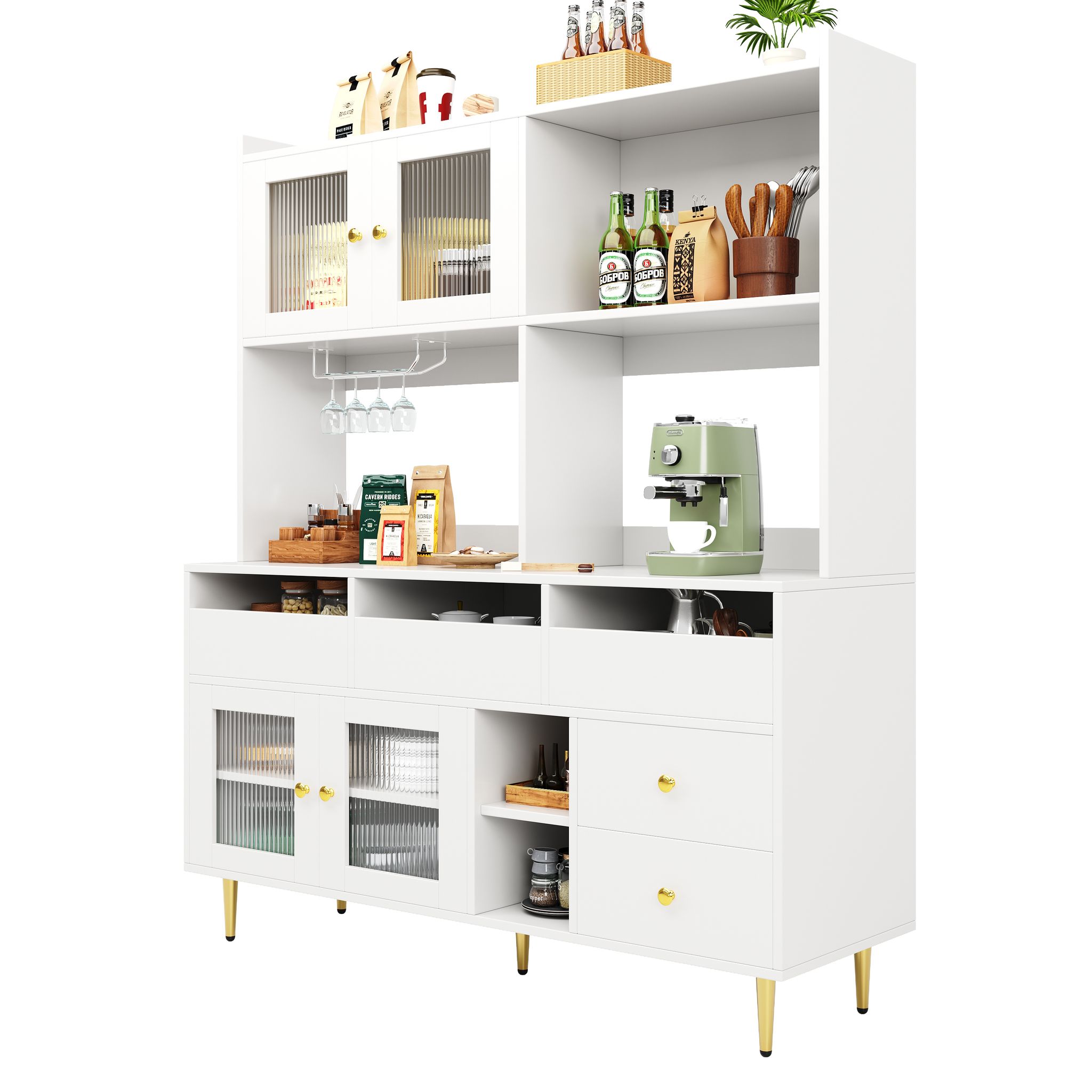 Küchenbuffet Hoch Mit Türen Aus Riffelglas, Schubladen Und Weinregal, Aus Mdf, 145x39x171 Cm, Weiß