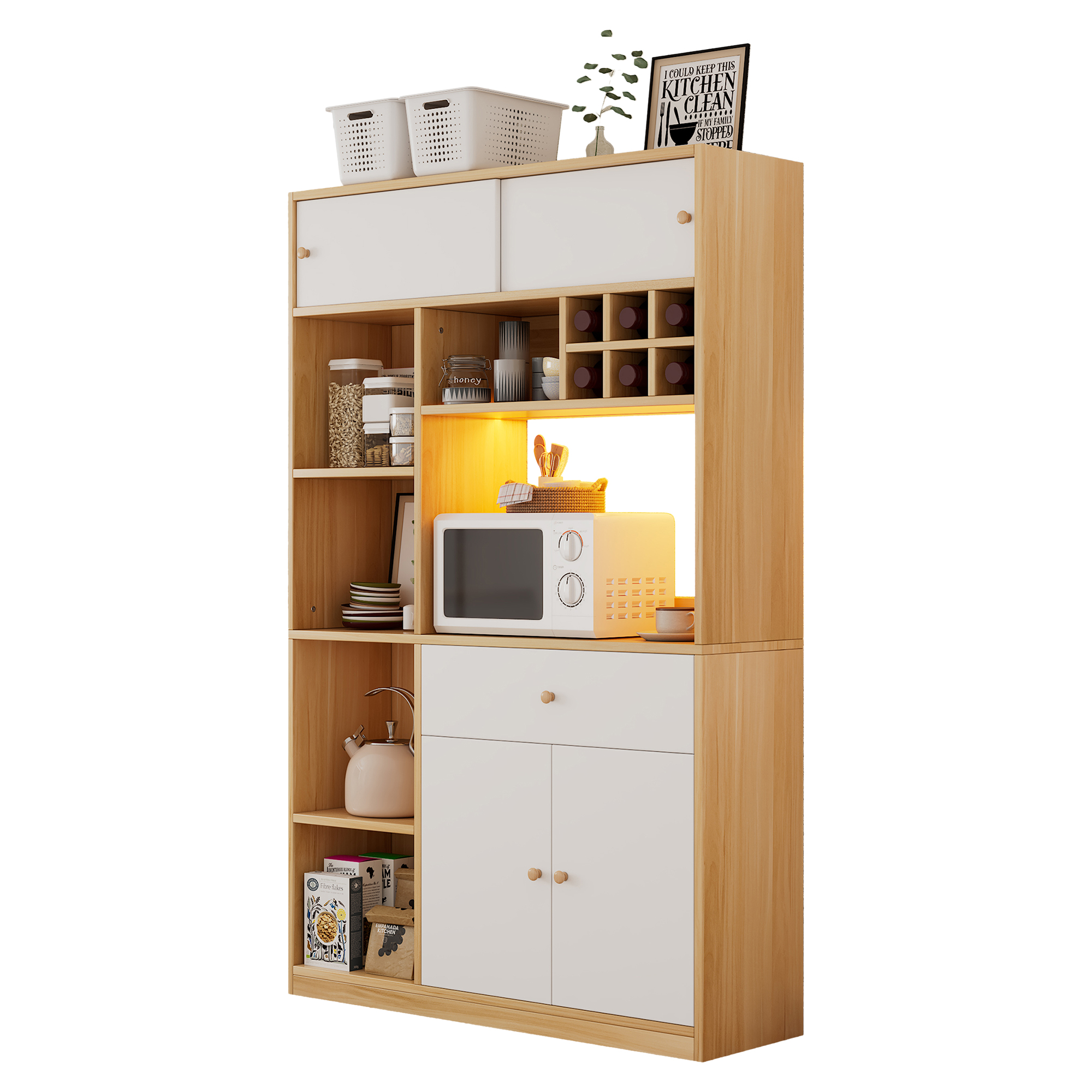 Küchenbuffet Hochschrank Mit 3 Türen, 1 Schublade, Offenen Fächern Und Led Für Küche Aus Spanplatte Weiß Natur 115x35x180 Cm
