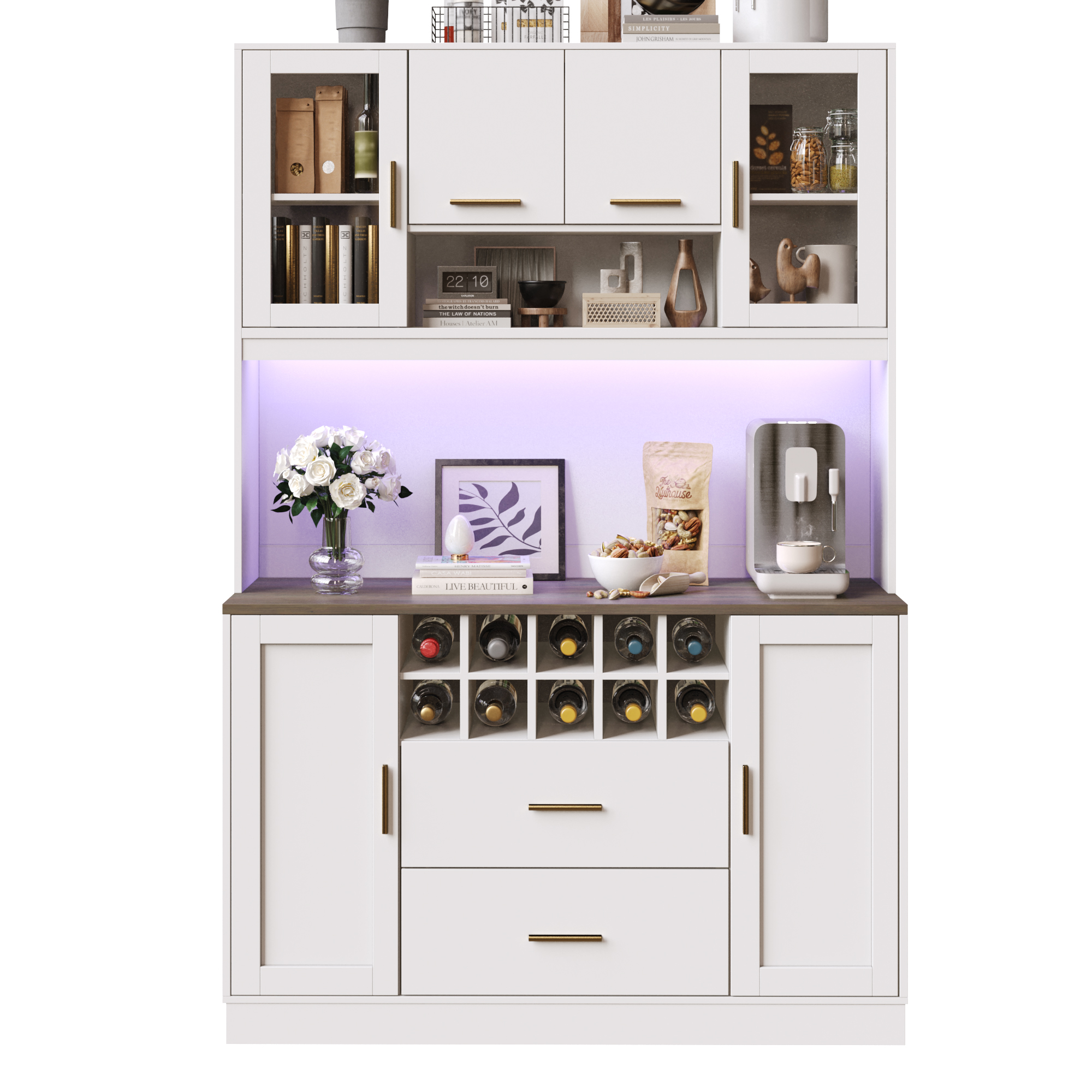Küchenbuffet Mit 6 Türen, 2 Schubladen, Weinregal, Led Und Usb-anschlüssen, Aus Mdf, 120x36,3x180 Cm, Weiß