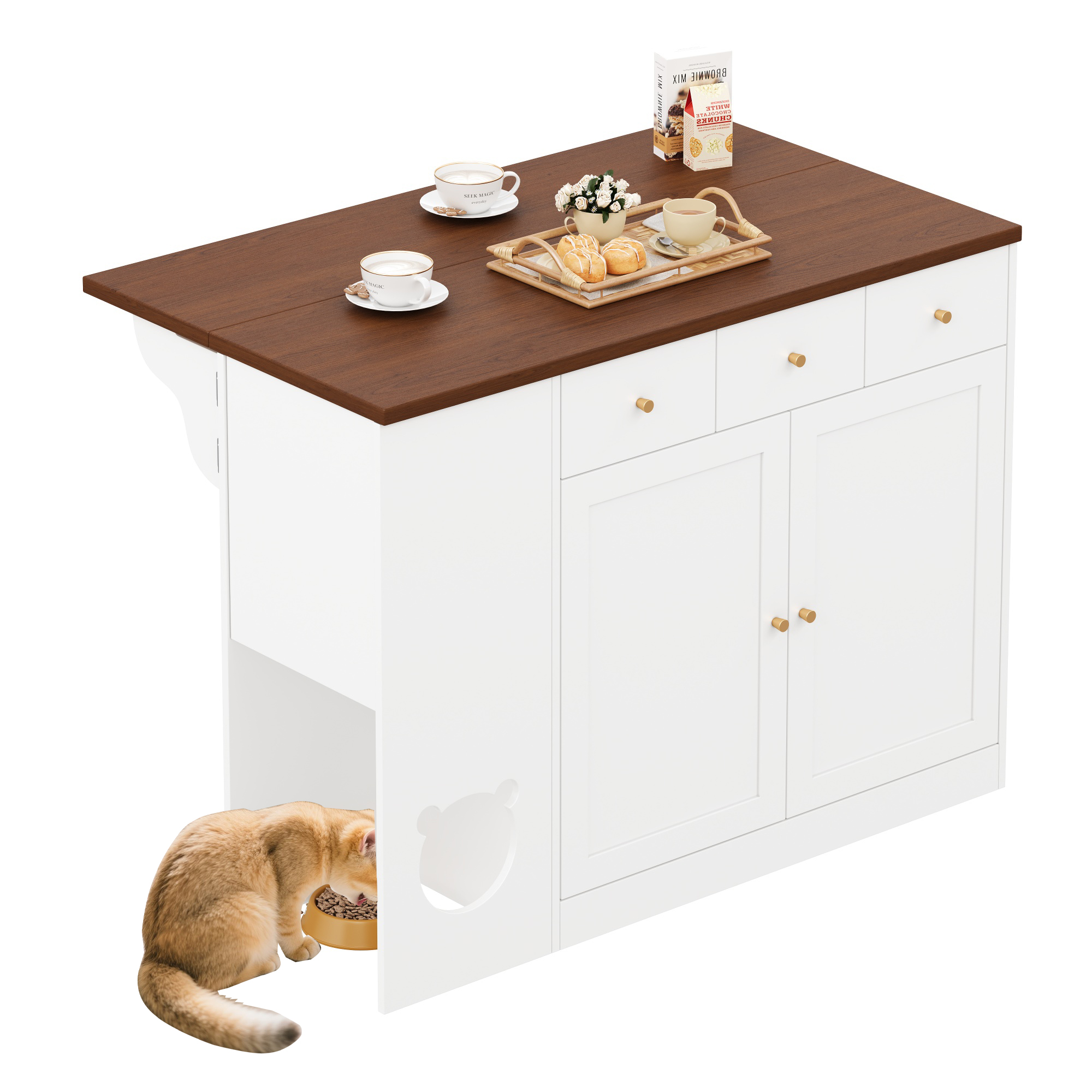 Küchenwagen Mit 3 Schubladen Und 2 Türen, Ausziehbarer Arbeitsplatte, Gewürzregal Und Tierbereich, Mdf, Weiß Nussbaum, 120x40x90 Cm