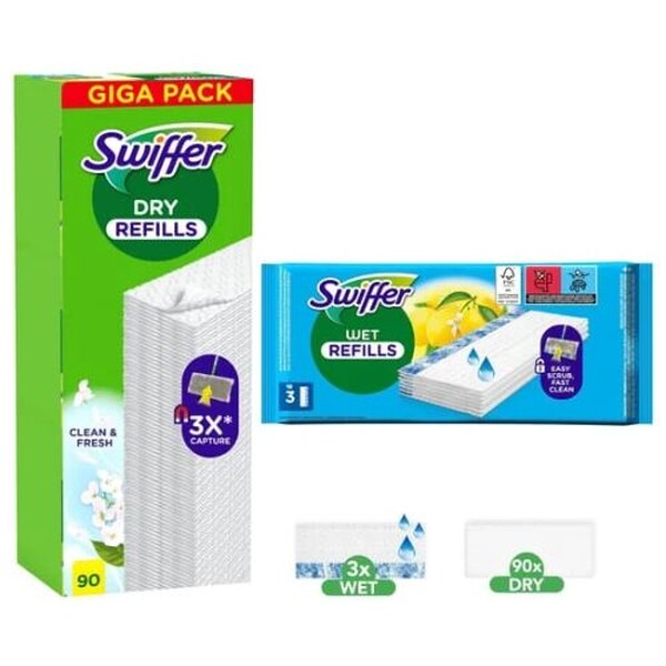 Swiffer Wet & Dry Bodenreinigungstücher 90 Trocken + 3 Nass