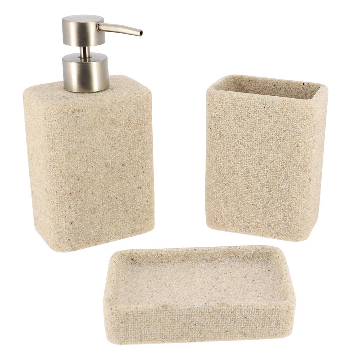 Becherset Seifenspender Und Seifenschale Aus Rechteckigem Polyresin In Sandoptik - Natur - Tendance