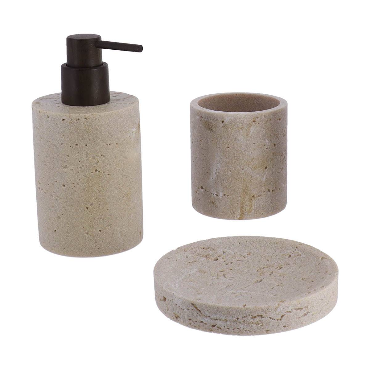Set Aus Seifenspenderbecher Und Seifenschale Aus Polyresin In Travertinoptik - Natürlich - Tendance