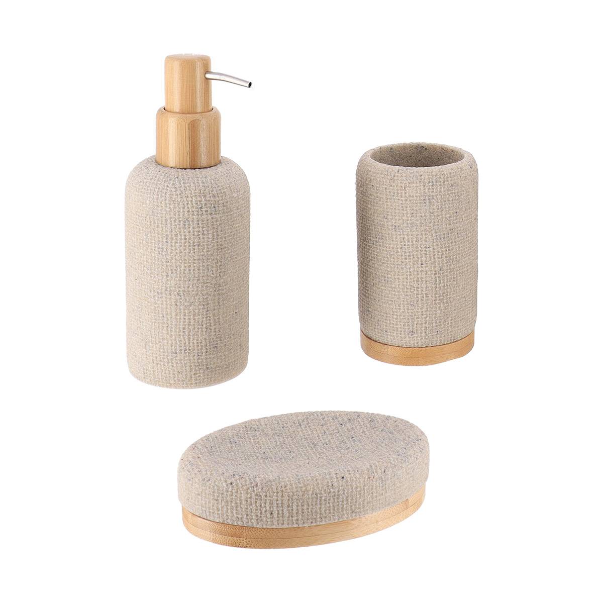 Set Aus Seifenspenderbecher Und Seifenschale Aus Polyresin Mit Mascheneffekt Und Bambus - Natürlich - Tendance