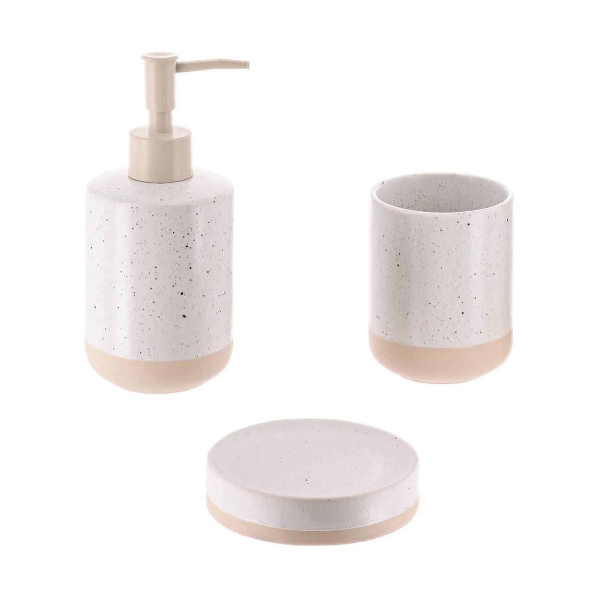 Set Aus Seifenspenderbecher, Seifenschale Und Basis - Weiss-beige - Tendance