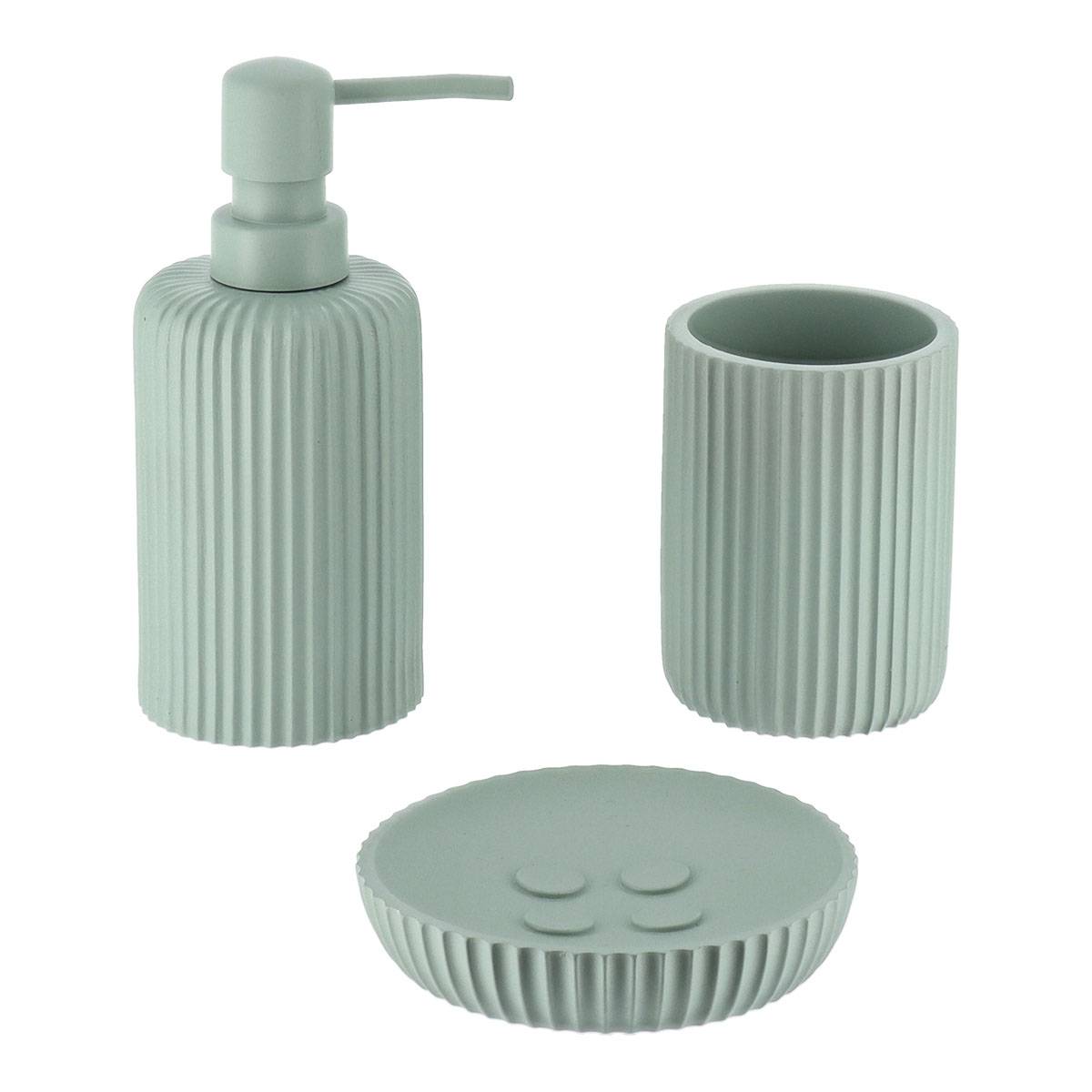 Becherset Seifenspender Und Seifenschale Aus Gestreiftem Polyresin - Eukalyptusgrün - Tendance