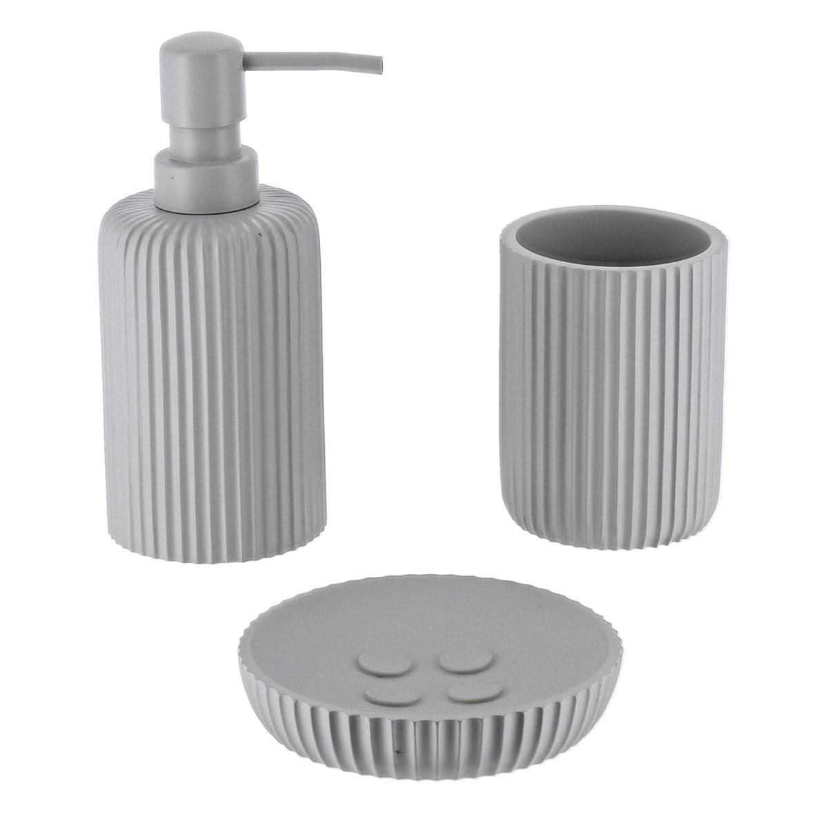 Becherset Seifenspender Und Seifenschale Aus Gestreiftem Polyresin - Hellgrau - Tendance