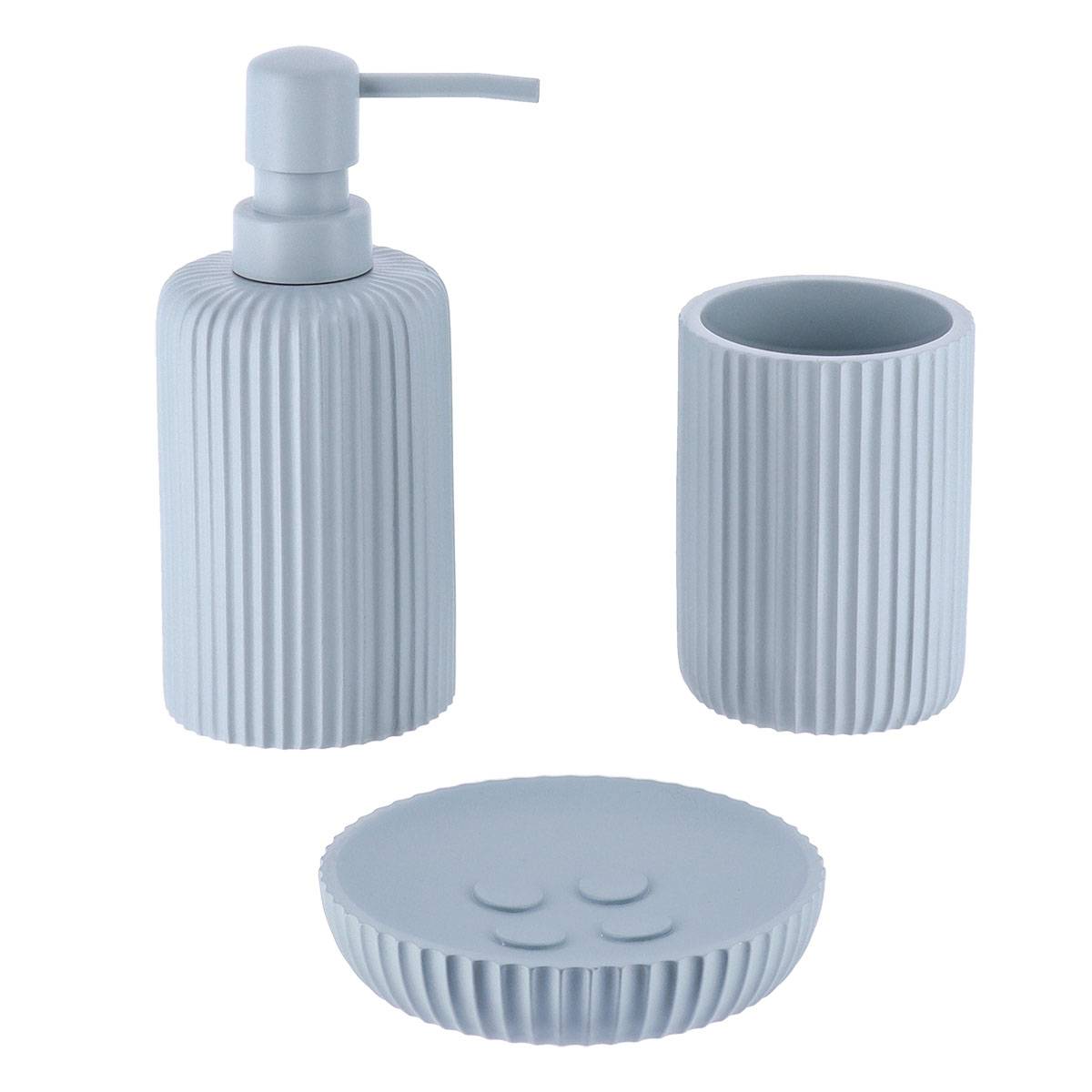 Becherset Seifenspender Und Seifenschale Aus Gestreiftem Polyresin - Hellblau - Tendance