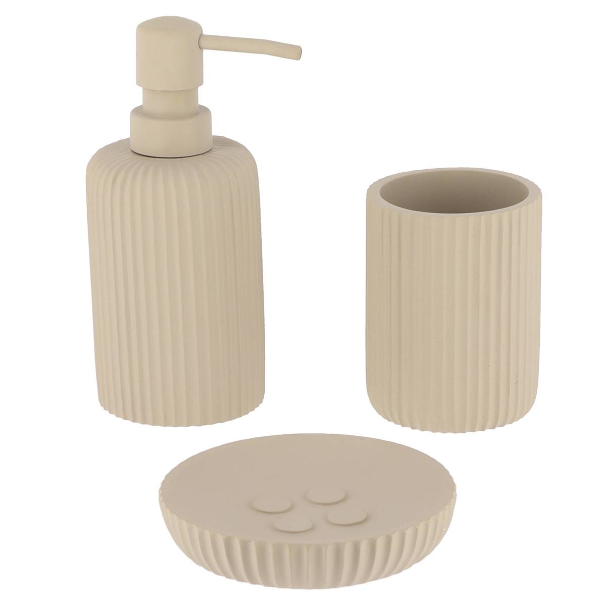Becherset Seifenspender Und Seifenschale Aus Gestreiftem Polyresin - Taupe - Tendance