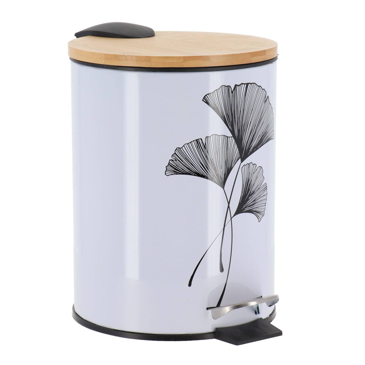 Runder Mülleimer Aus Bedrucktem Metall Mit Bambusdeckel, Fallbremse 3l - Zen Gingko - Tendance