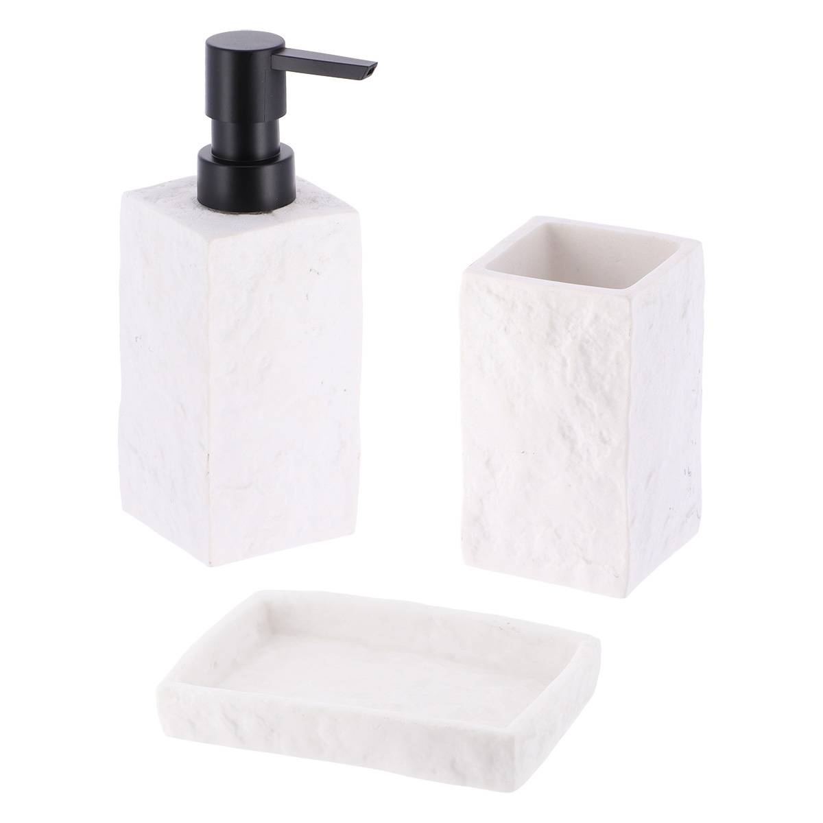 Set Aus Seifenspenderbecher Und Seifenschale Aus Polyresin Mit Steineffekt - Weiss - Tendance