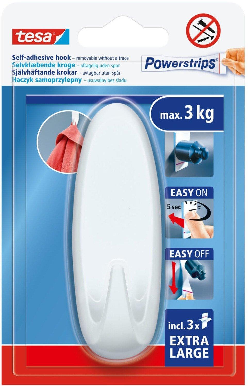 Tesa Haken, Selbstklebender Kleiderbügel, Groß, Oval, Weiß, Wiederverwendbar, Bis Zu 3 Kg