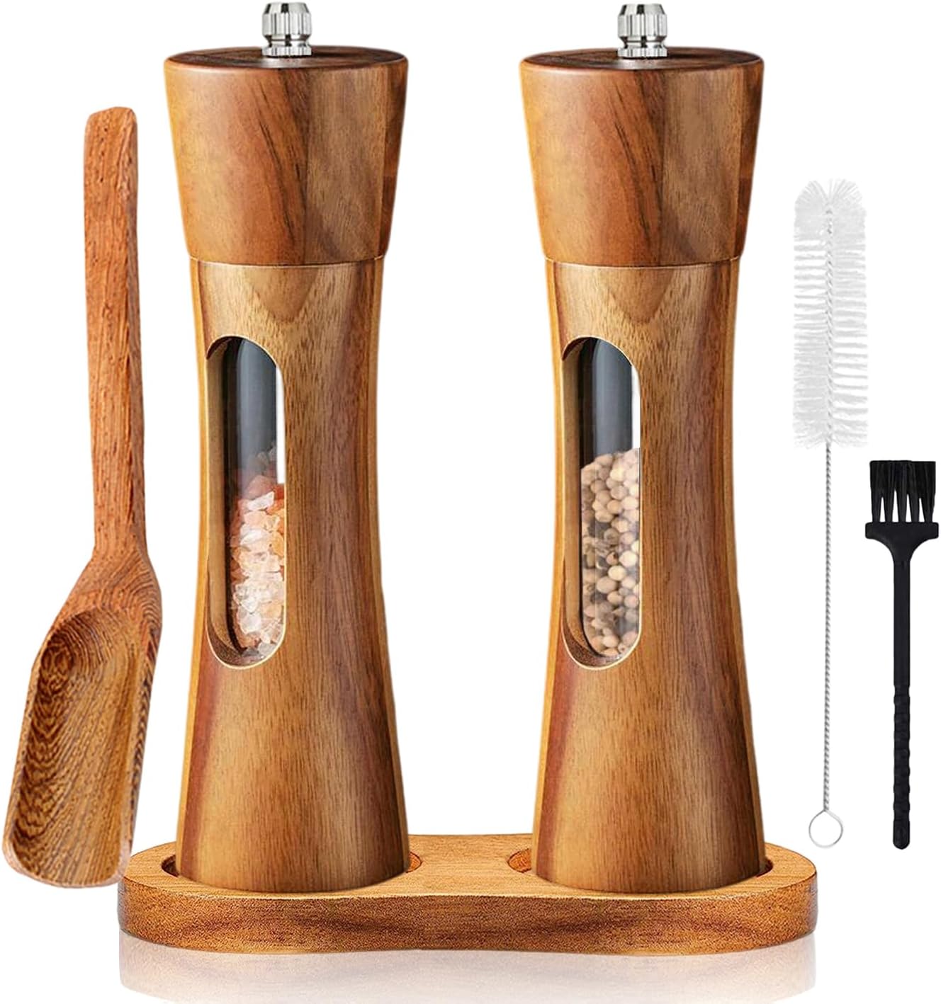 Salz- Und Pfeffermühlen-set, 2er-packung, Hölzerne Pfeffermühlen Mit Verstellbarem Einsatz Für Gewürze, Pfeffer Und Salz, 18,8 Cm