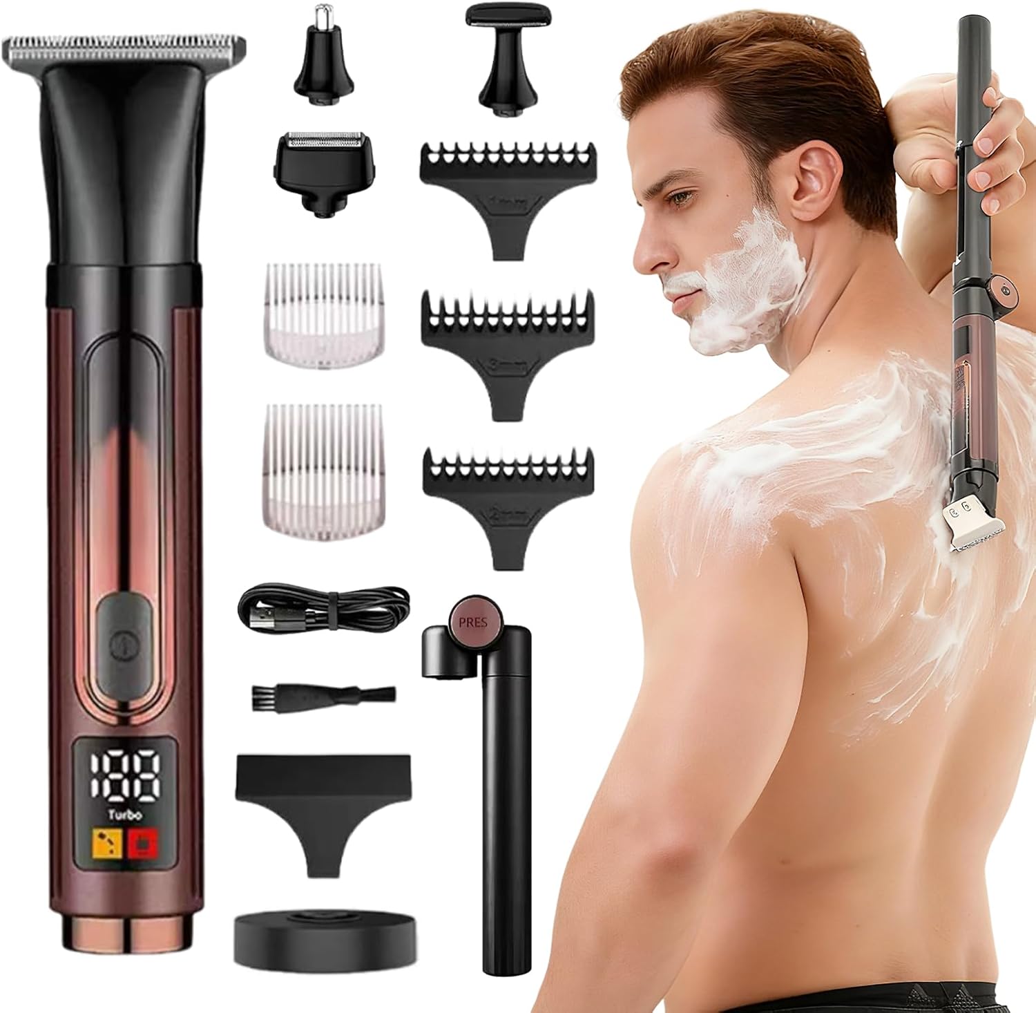 Herren-rückenrasierer – 4-in-1-körperrasierer Mit Ausziehbarem, Verstellbarem Griff, Ersatzscherkopf Und Reinigungsbürste – Elektrisches Rasier-set Für Rücken Und Oberkörper