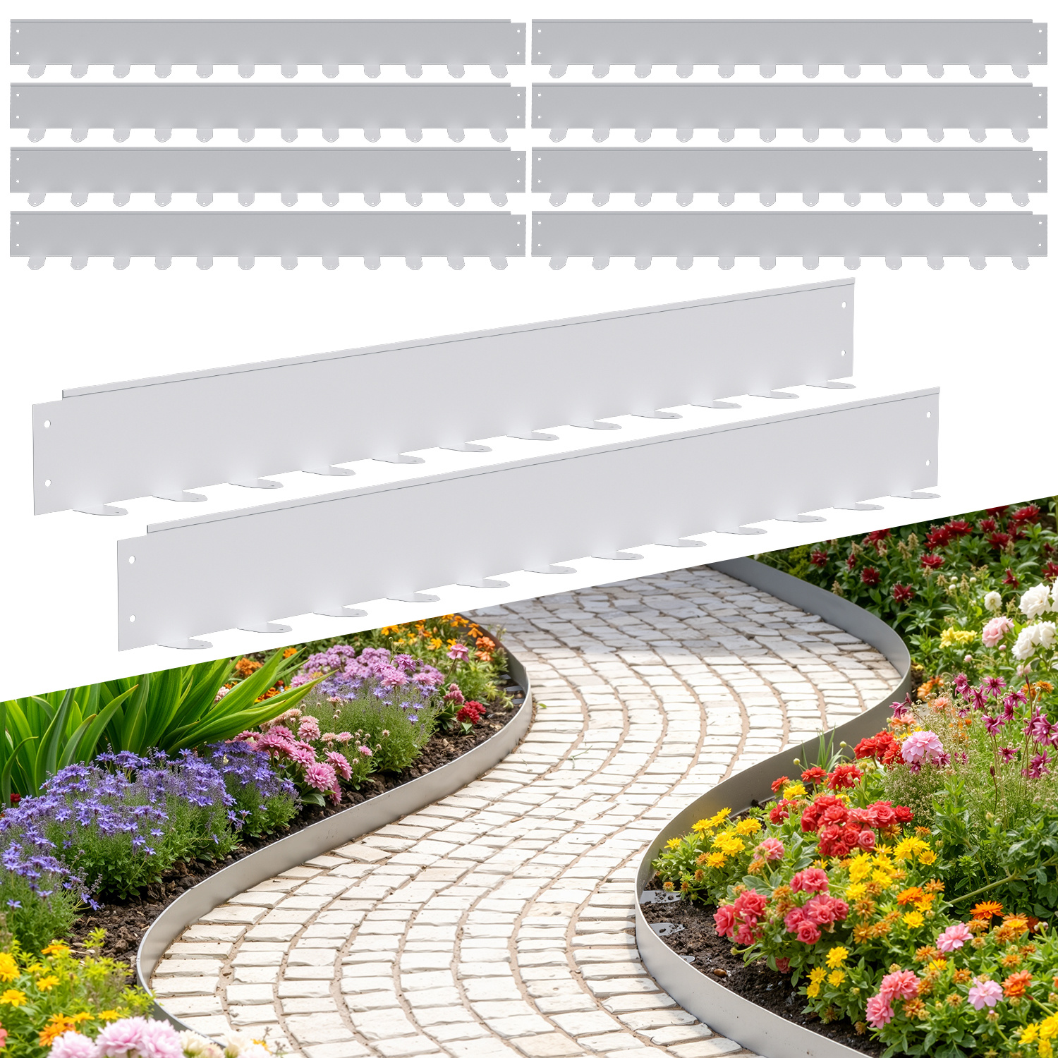 Tolletour Bordüre Aus Flexiblem Stahl Für Garten & Rasen - 10 Paneele À 100 Cm (10 M Gesamtlänge) - Höhe 10 Cm - Farbe Silber - Inkl. 120 Erdankern & Befestigungsnägeln