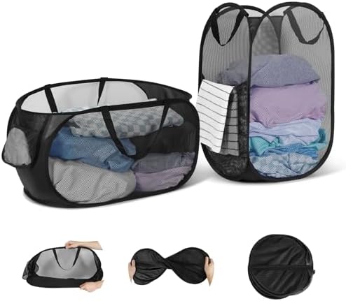 Pop Up Wäschekorb Faltbar 2 Stück Aus Netzmaterial (36 36 58cm) Mit Henkel Für Badezimmer, Camping, College Dorm Und Reisen, Zusammenklappbarer Korb Für Schmutzige Wäsche (schwarz)
