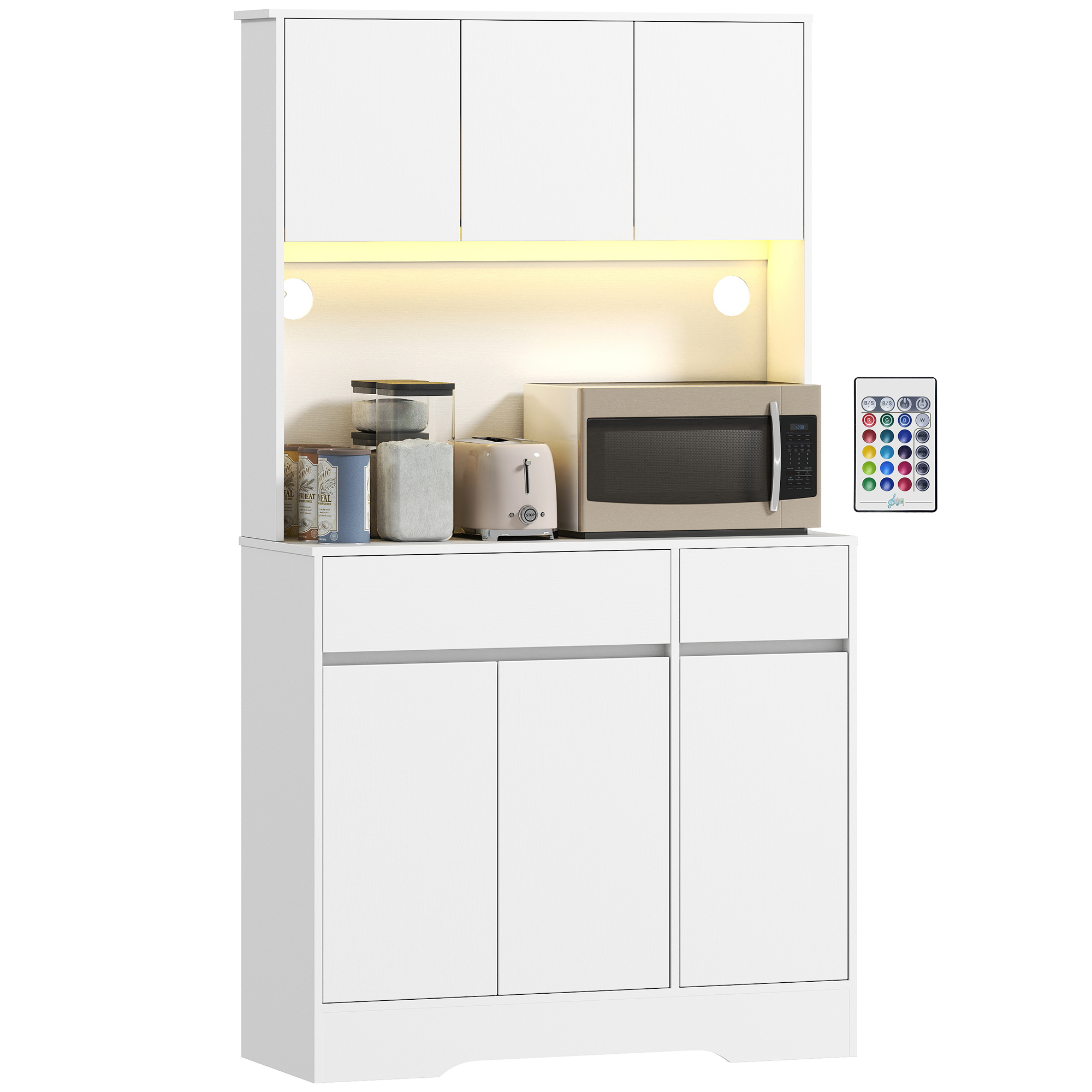 Küchen-sideboard, Hohes Aufbewahrungsmöbel Mit Rgb-led-beleuchtung, Arbeitsplatte, 6 Türen, 2 Schubladen, Weiß