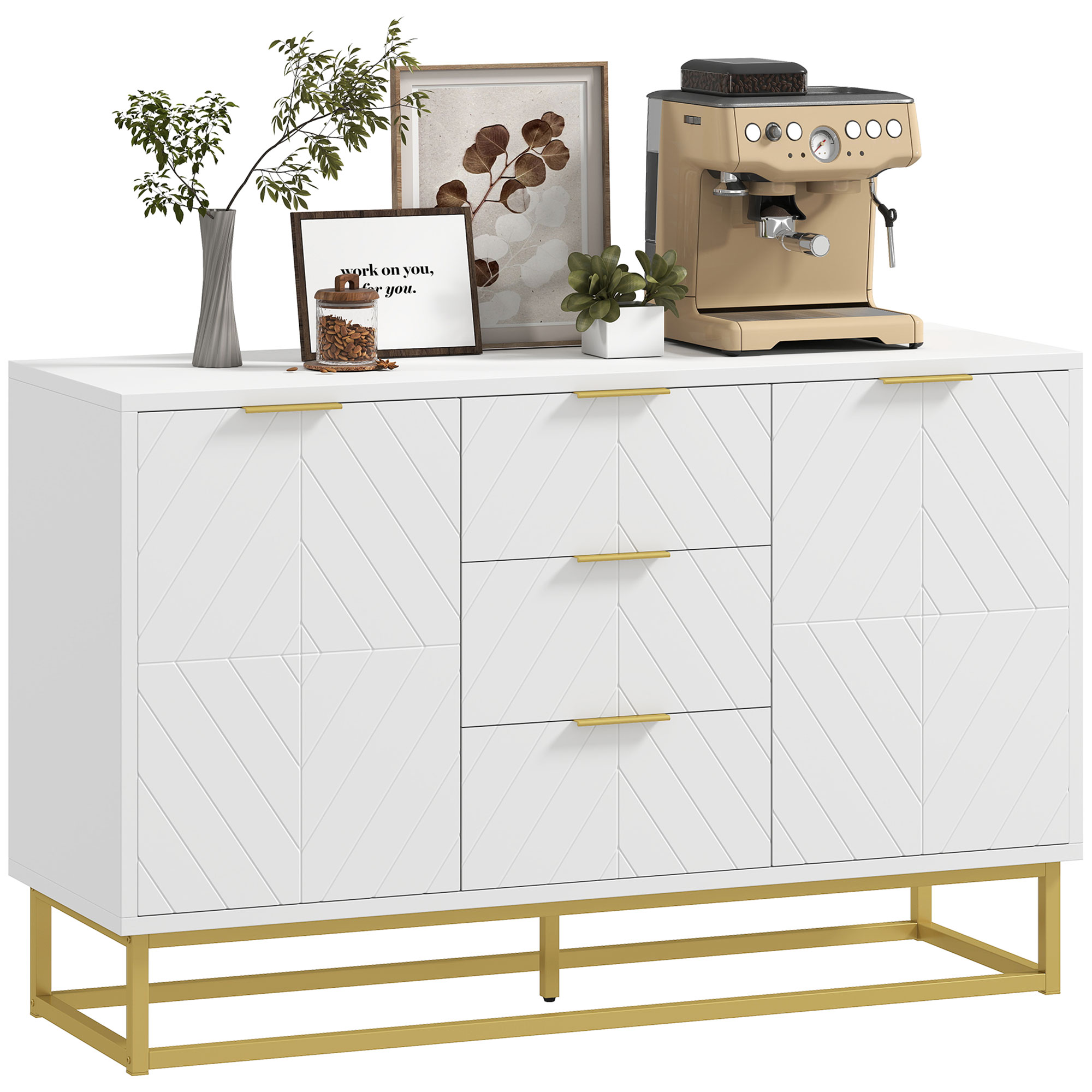 Buffet. Küchenschrank. Modernes Grafikdesign. Zwei Schranktüren. Verstellbare Einlegeböden. Drei Schubladen. Weißes Holz Und Goldfarbenes Metall. 120 X 40 X 76 Cm