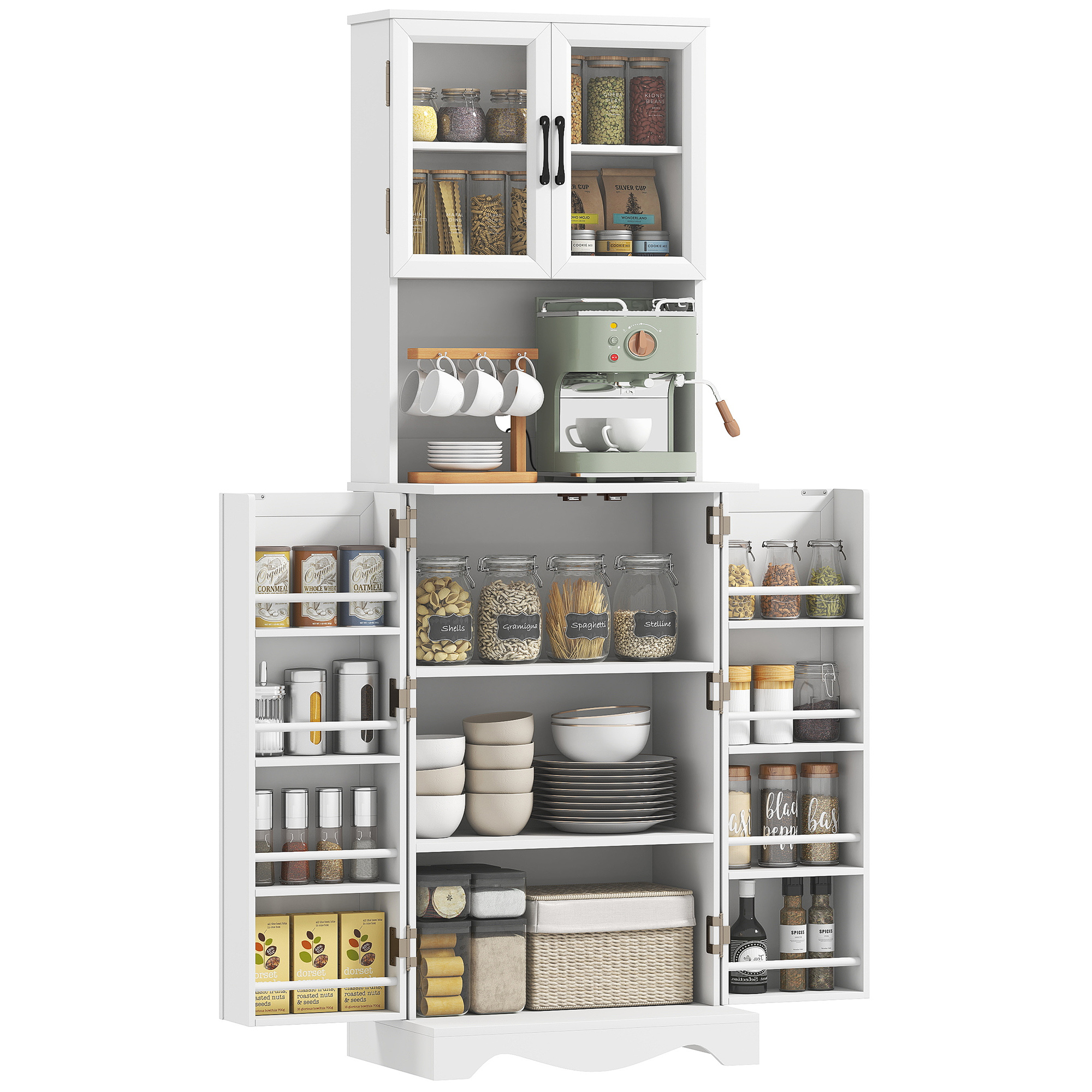 Hoher Küchenschrank Mit 4 Türen, 8 Gewürzregalen, Arbeitsplatte Und Verstellbarem Einlegeboden, 60 X 39,5 X 179,6 Cm, Weiß