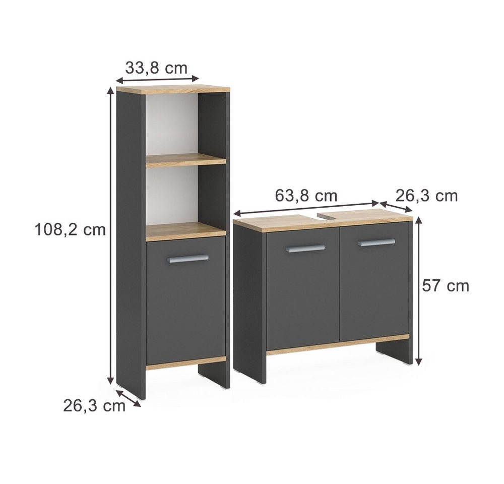 Badezimmermöbel-set Karli, Anthrazit/goldkraft Eiche, 2 Teile, Vicco Bild 5