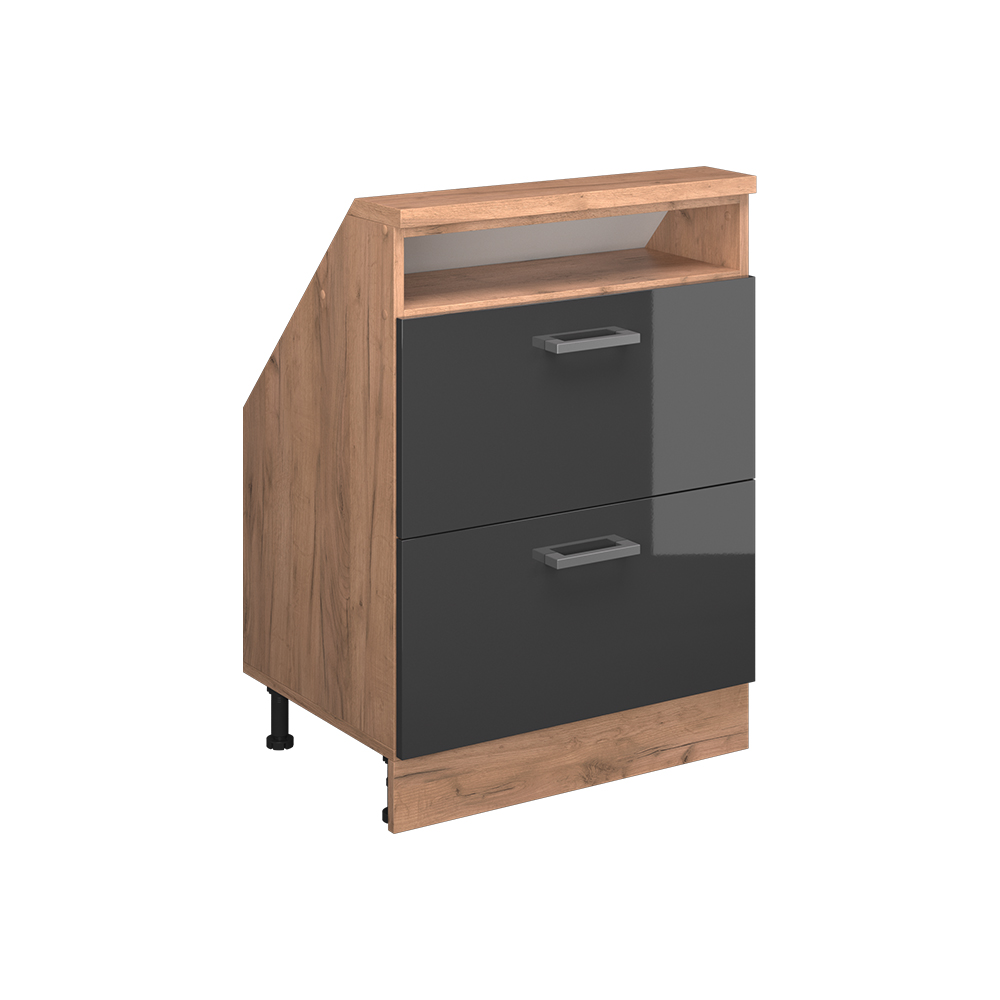 Küchenschrank Für Dachschrägen R-line, Anthrazit Hochglanz/goldkraft Eiche, 60 Cm Mit 2 Schubladen, Vicco