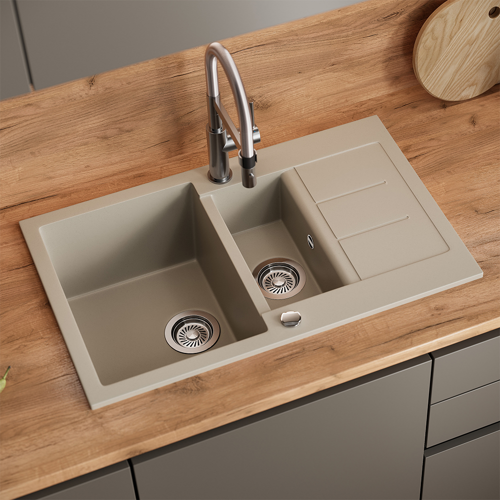 Spülbecken Seattle, Beige, 80 X 50 Cm Mit 2 Spülbecken & Trockenplatz, Bergström
