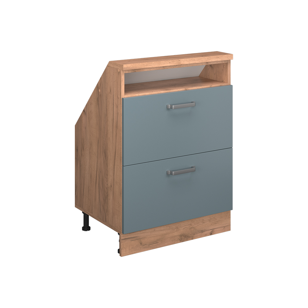 Küchenschrank Für Dachschrägen R-line, Blau-grau/goldkraft Eiche, 60 Cm Mit 2 Schubladen, Vicco