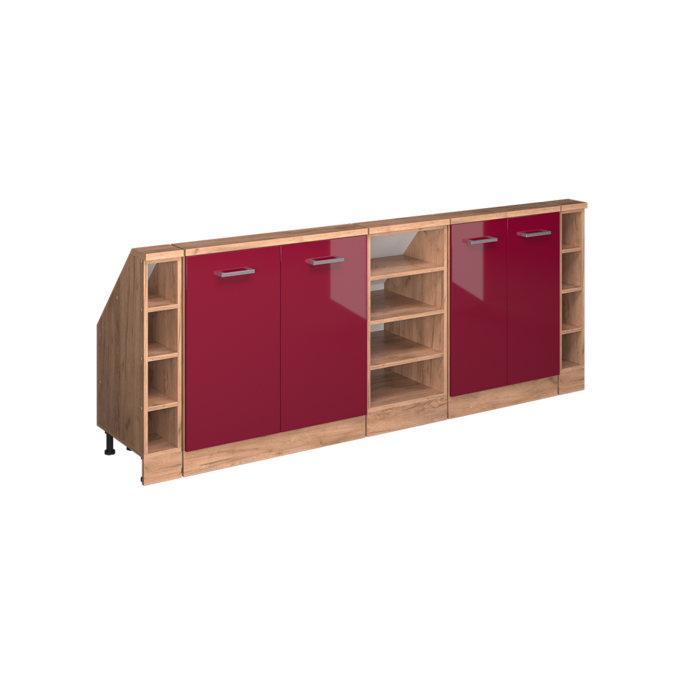 Küchenschrank Für Dachschrägen R-line, Rot Hochglanz/goldkraft Eiche, 210 Cm 5er Set, Vicco