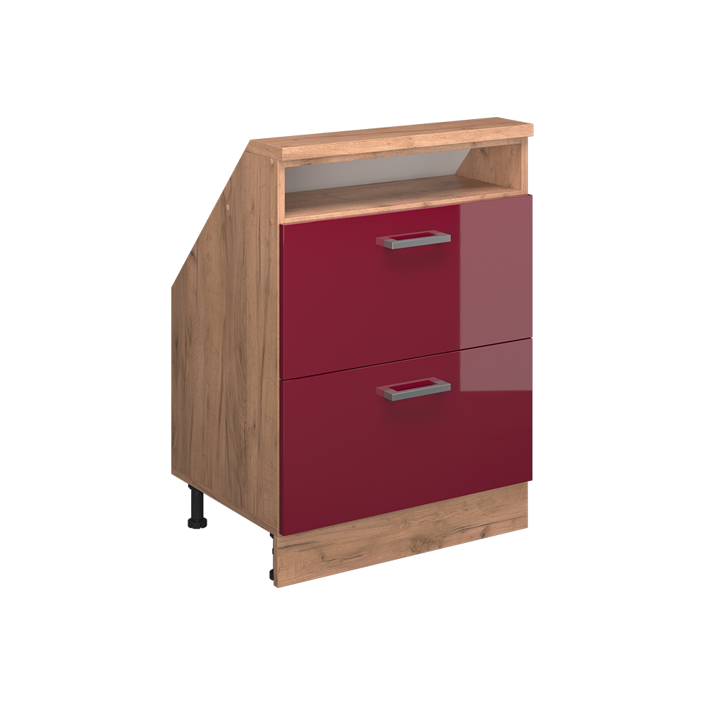 Küchenschrank Für Dachschrägen R-line, Rot Hochglanz/goldkraft Eiche, 60 Cm Mit 2 Schubladen, Vicco