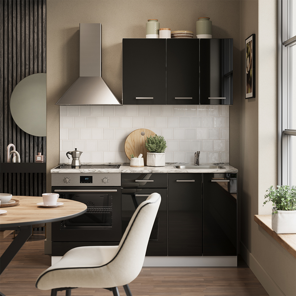 Singleküche R-line, Schwarz Hochglanz/weiß, 160 Cm Mit Herdumbauschrank Mit Arbeitsplatte, Vicco