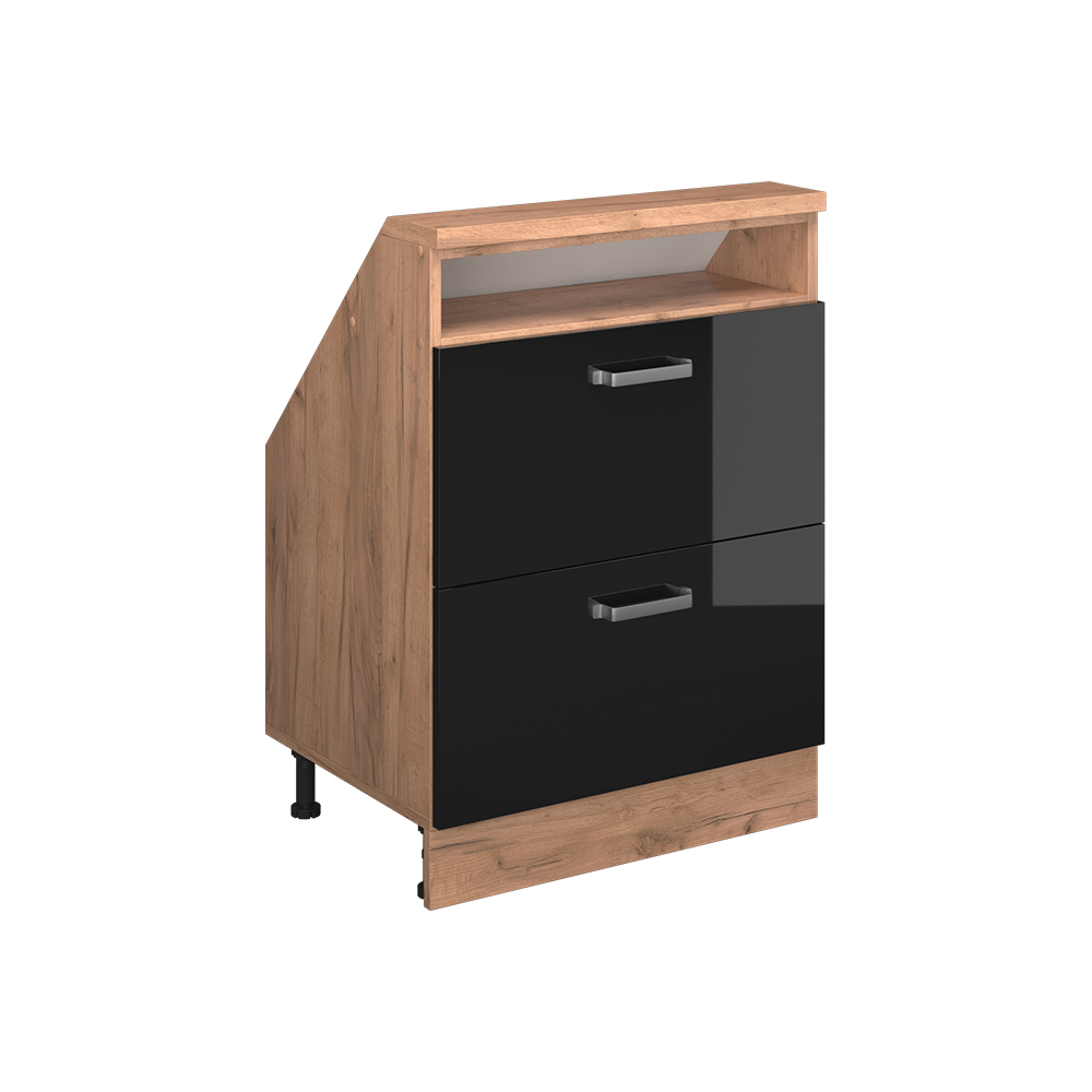 Küchenschrank Für Dachschrägen R-line, Schwarz Hochglanz/goldkraft Eiche, 60 Cm Mit 2 Schubladen, Vicco