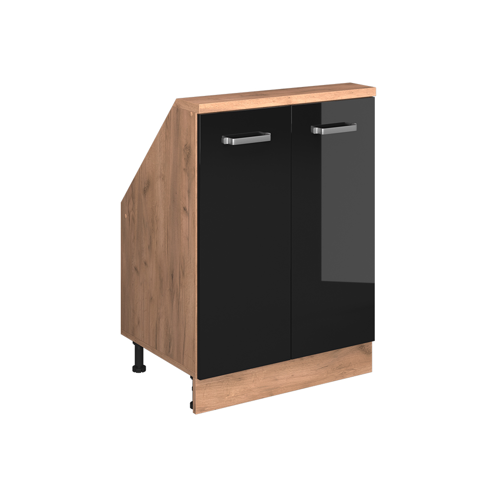Küchenschrank Für Dachschrägen R-line, Schwarz Hochglanz/goldkraft Eiche, 60 Cm Mit 2 Türen, Vicco
